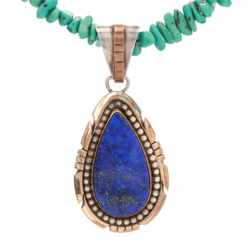 Sterling Silver Lapis Lazuli and Turquoise Necklace with Gold Filled Accents