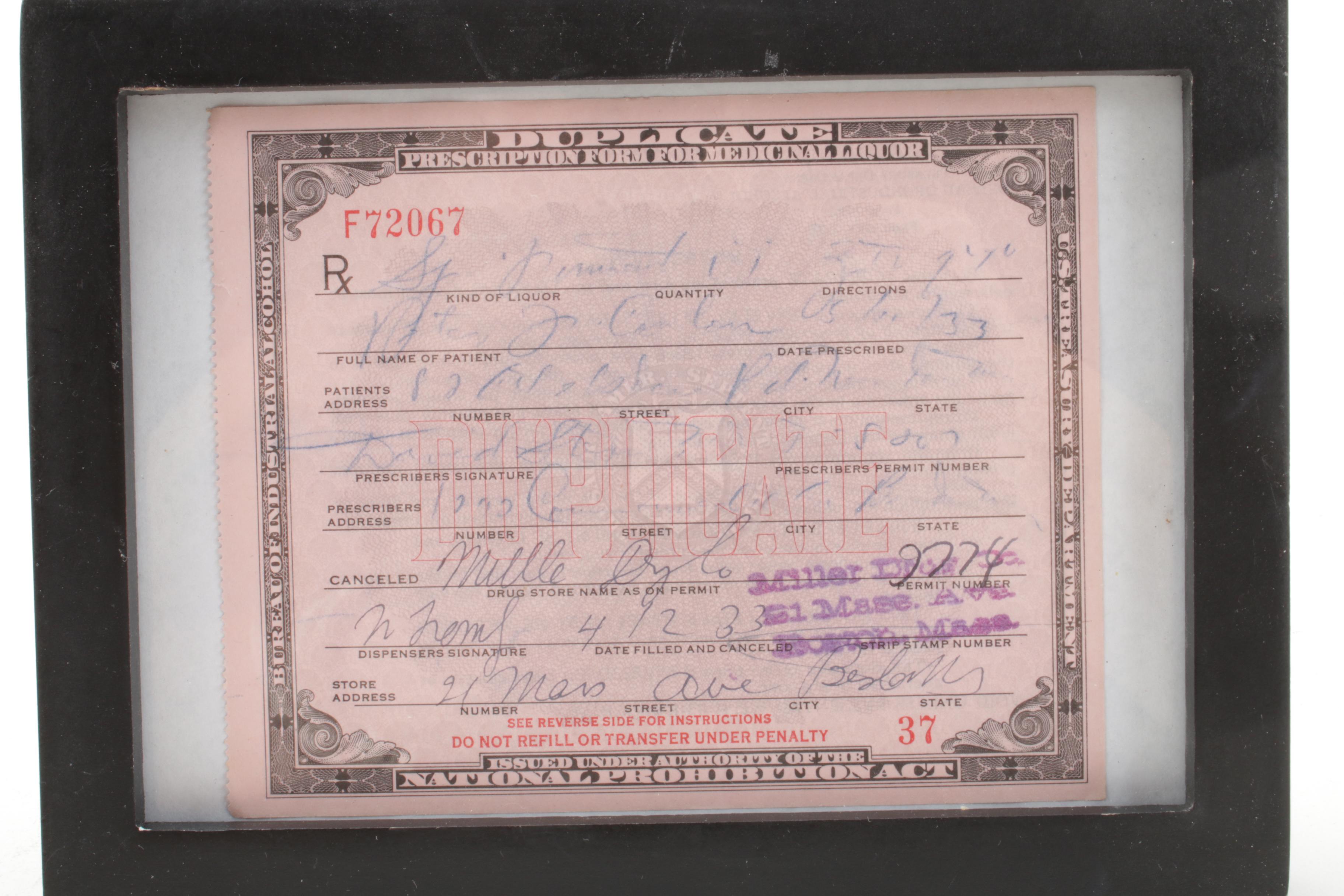 Prohibition Era 1933 Prescription Form for Medicinal Liquor