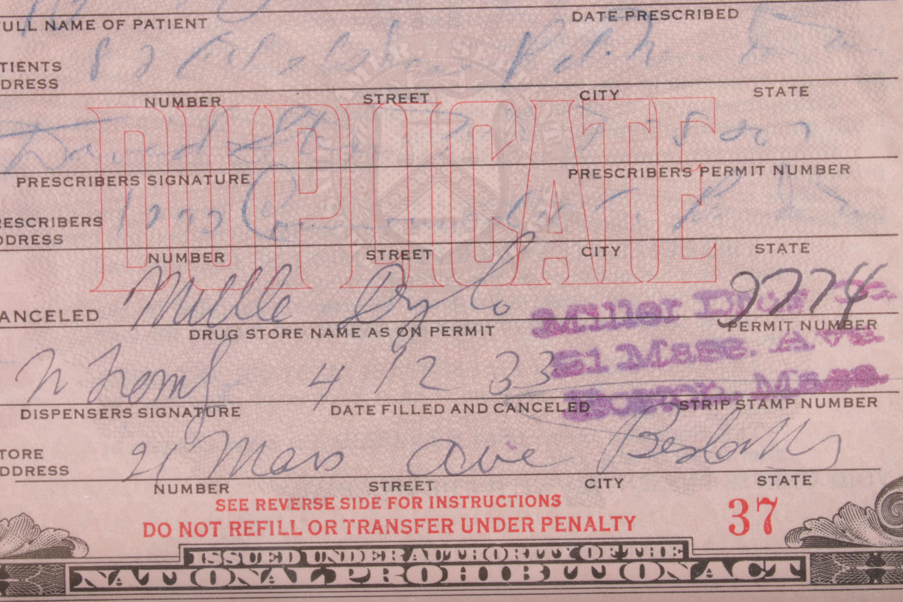 Prohibition Era 1933 Prescription Form for Medicinal Liquor