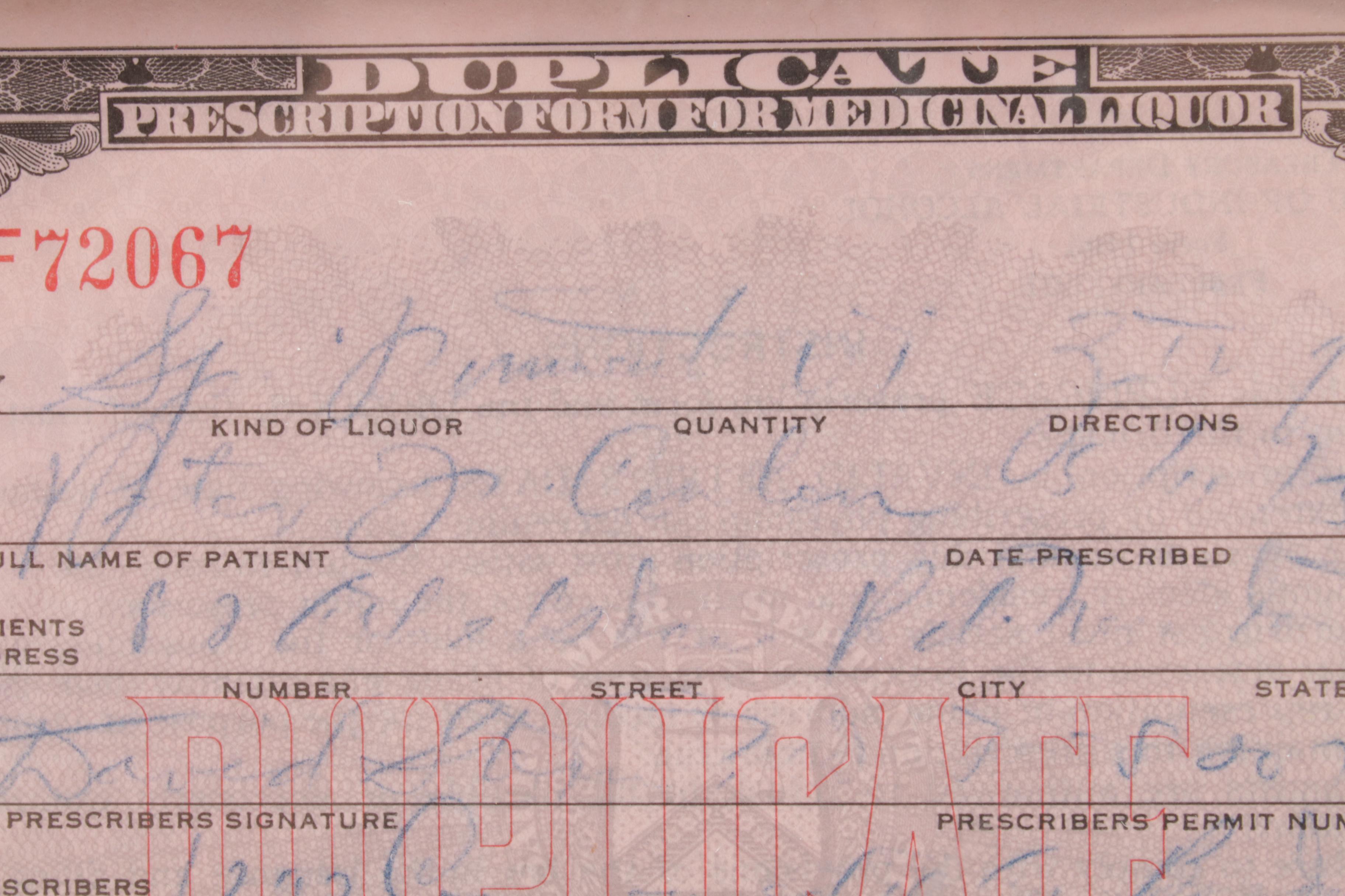 Prohibition Era 1933 Prescription Form for Medicinal Liquor