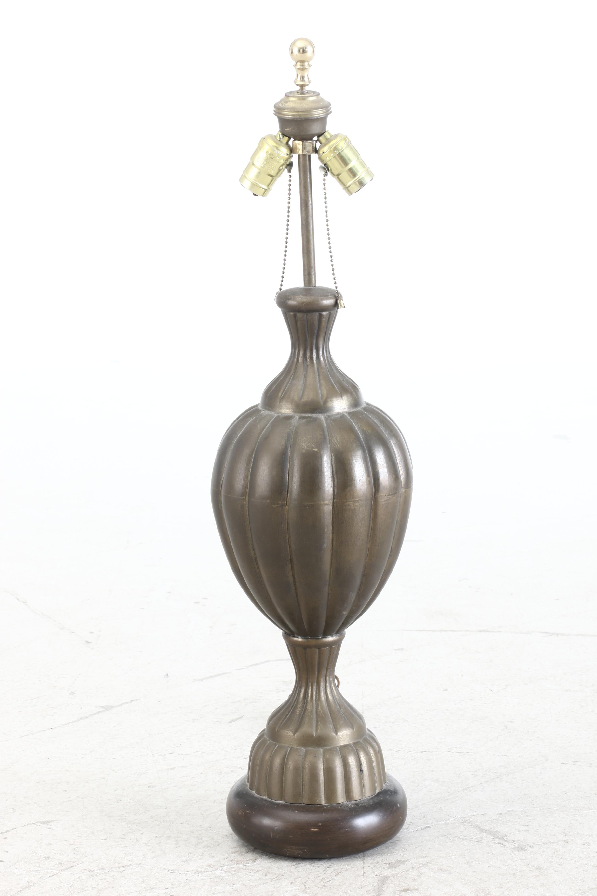 Blue Slag Glass and Repoussé Copper Shade on Lamp Base, Early 20th Century