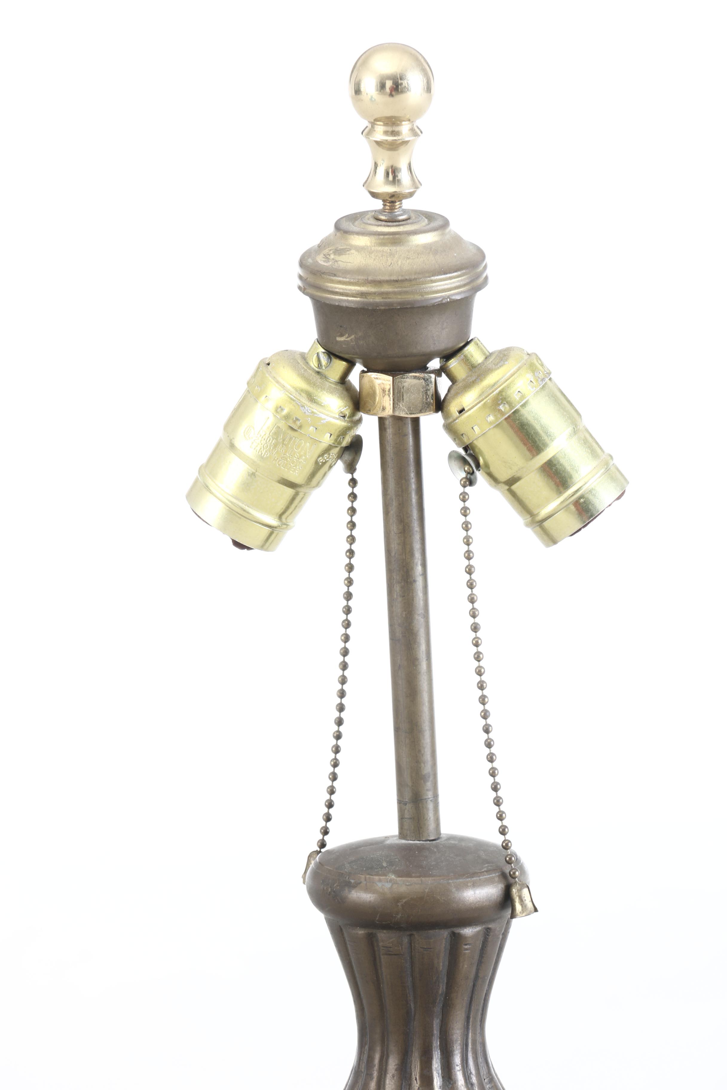 Blue Slag Glass and Repoussé Copper Shade on Lamp Base, Early 20th Century