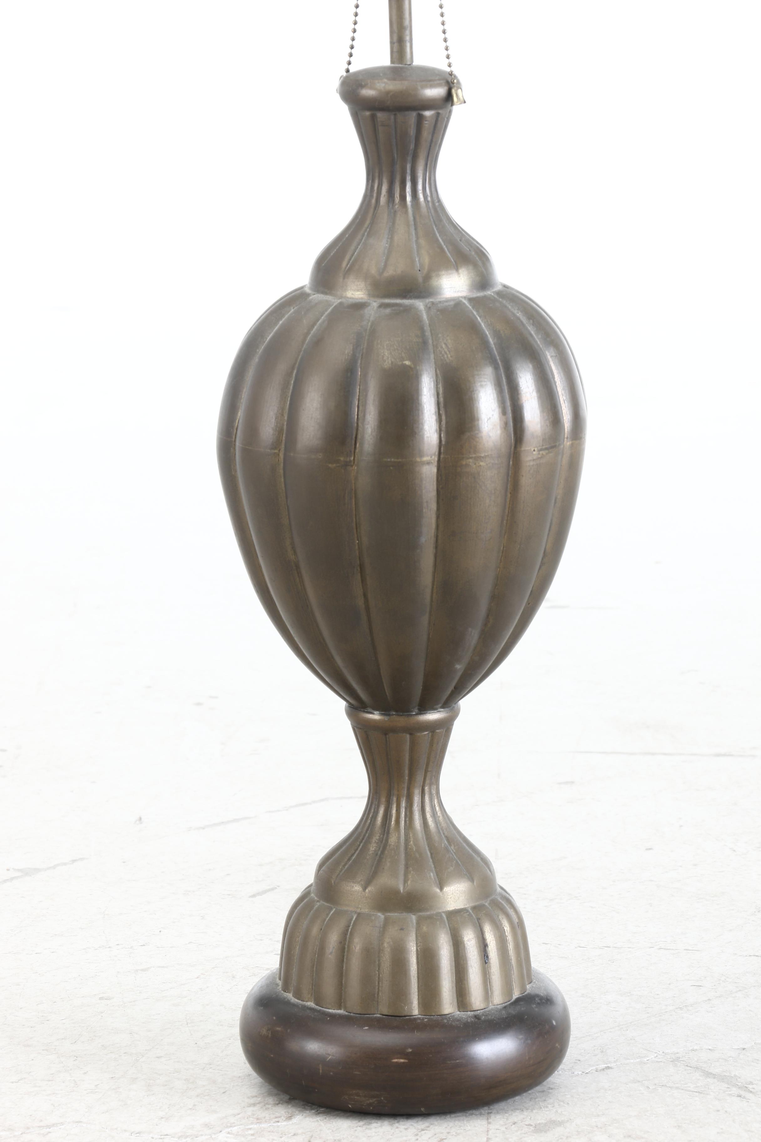 Blue Slag Glass and Repoussé Copper Shade on Lamp Base, Early 20th Century