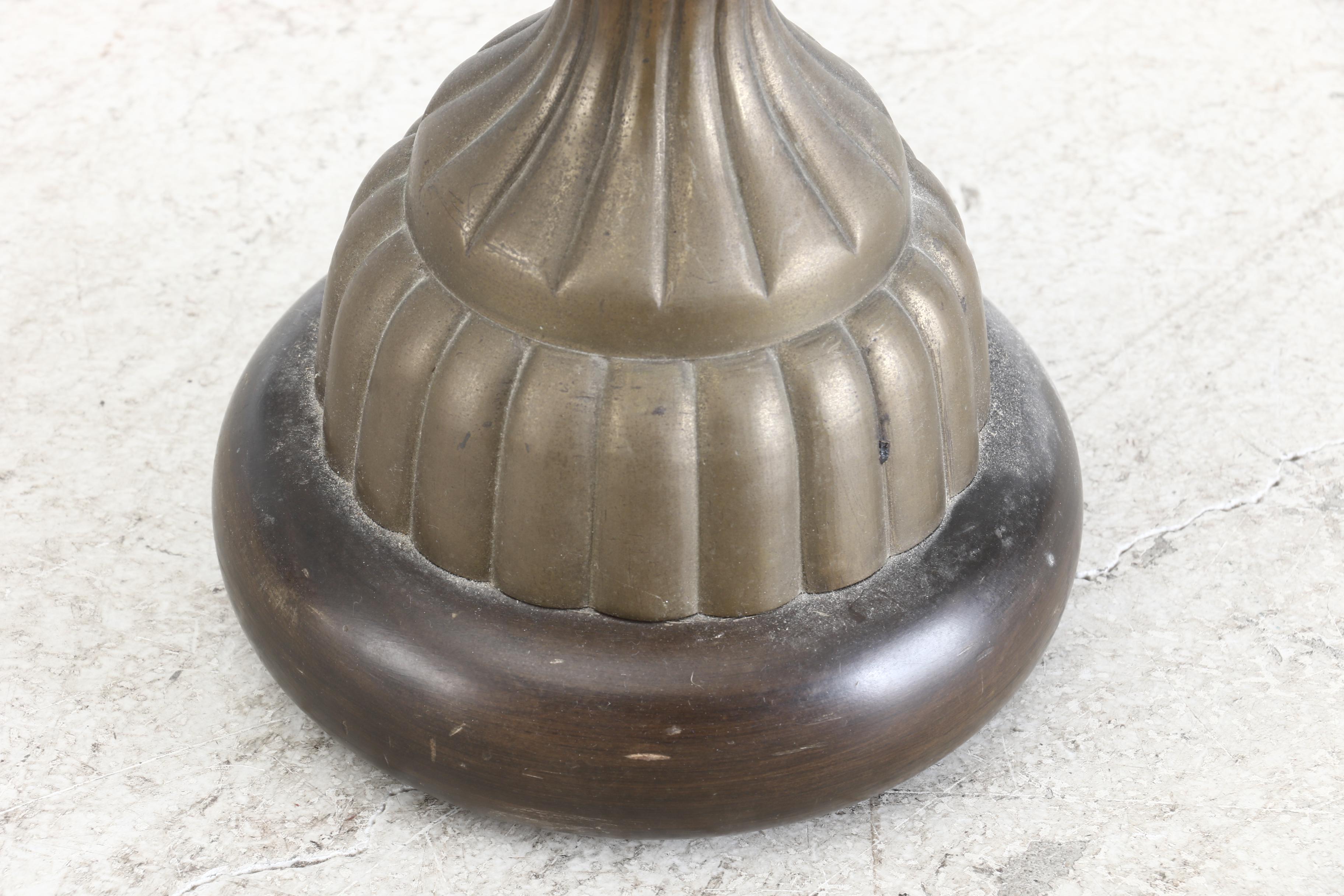 Blue Slag Glass and Repoussé Copper Shade on Lamp Base, Early 20th Century