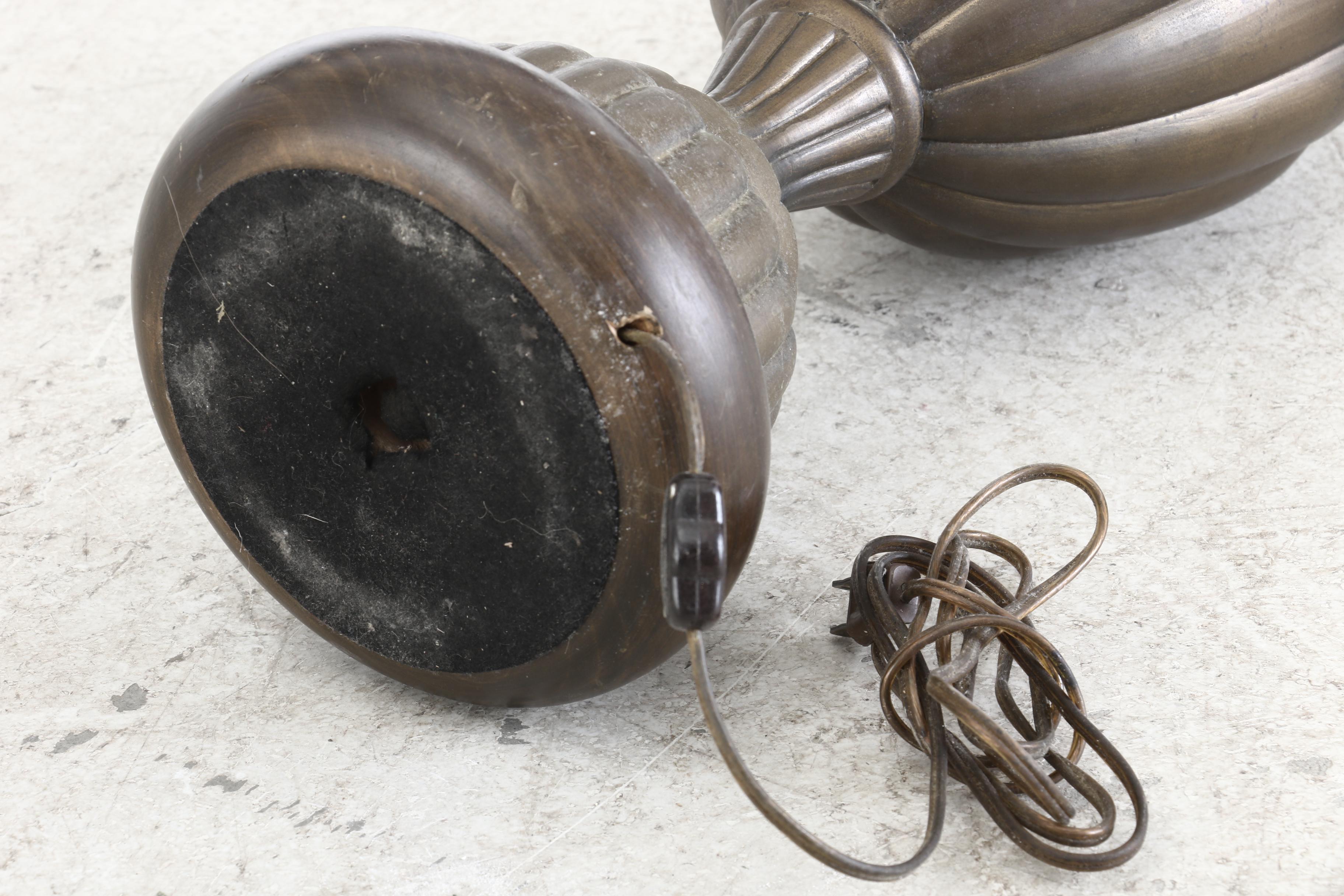 Blue Slag Glass and Repoussé Copper Shade on Lamp Base, Early 20th Century
