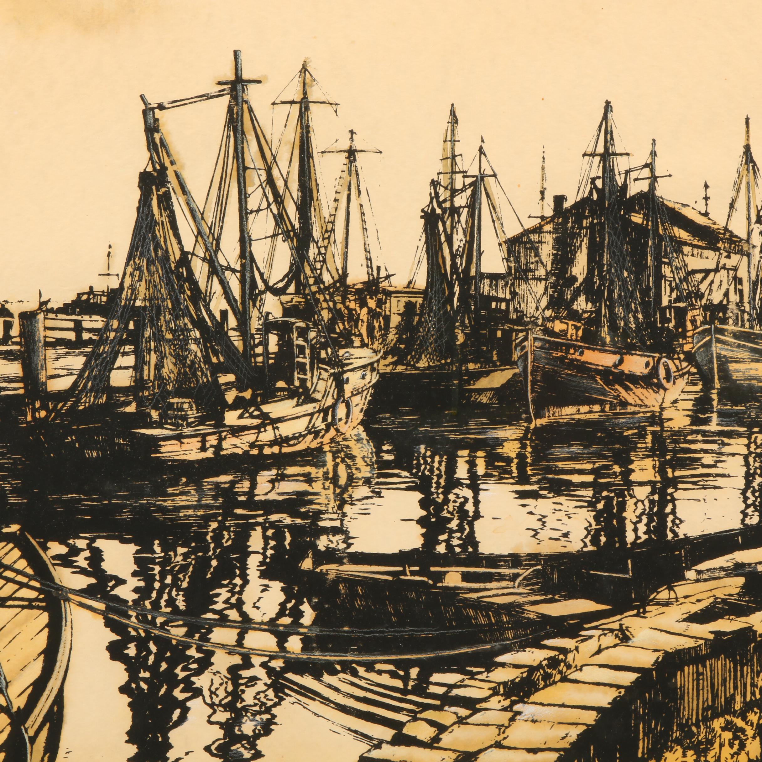 Paul Richards Hand-Colored Serigraph of Sailboats in Harbor