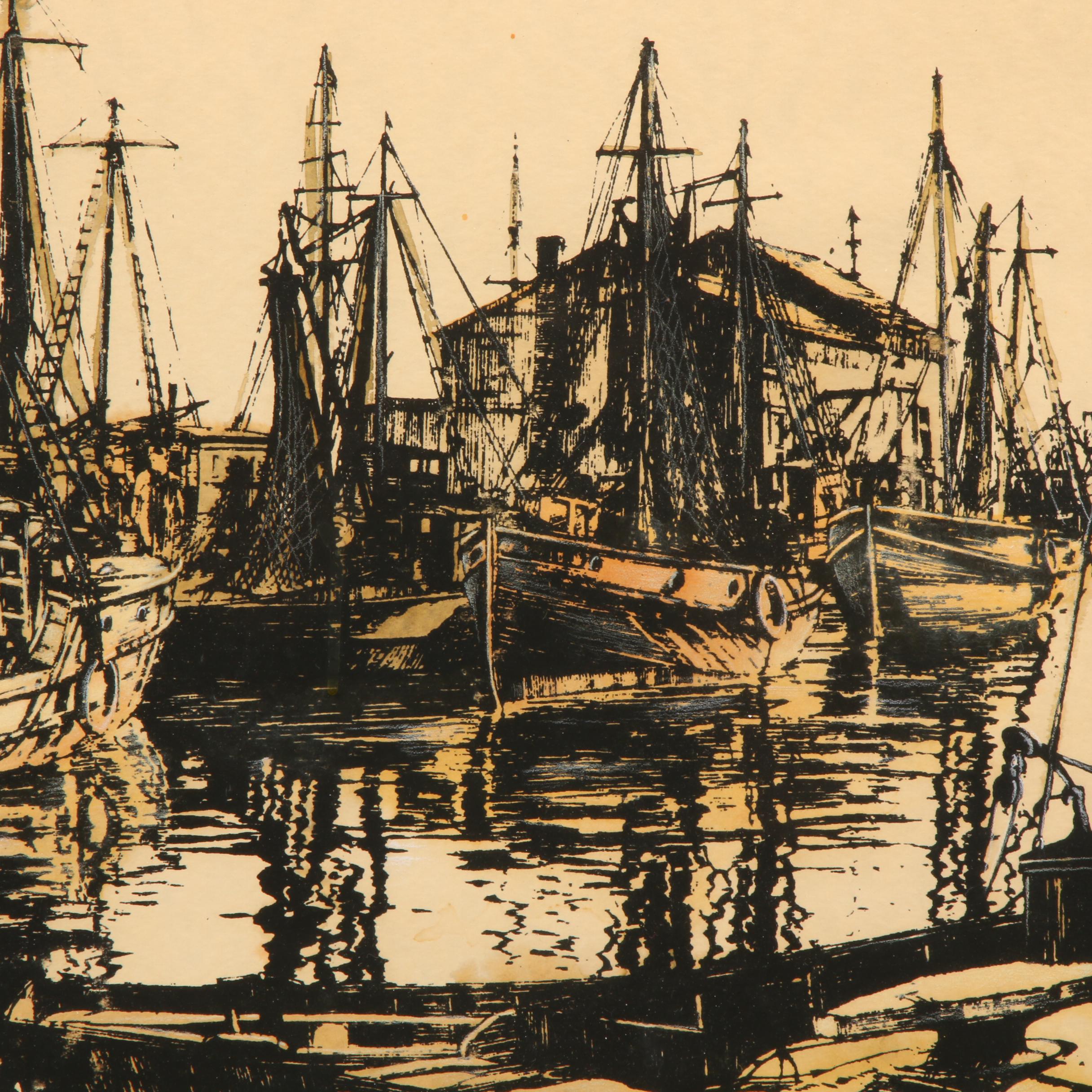 Paul Richards Hand-Colored Serigraph of Sailboats in Harbor