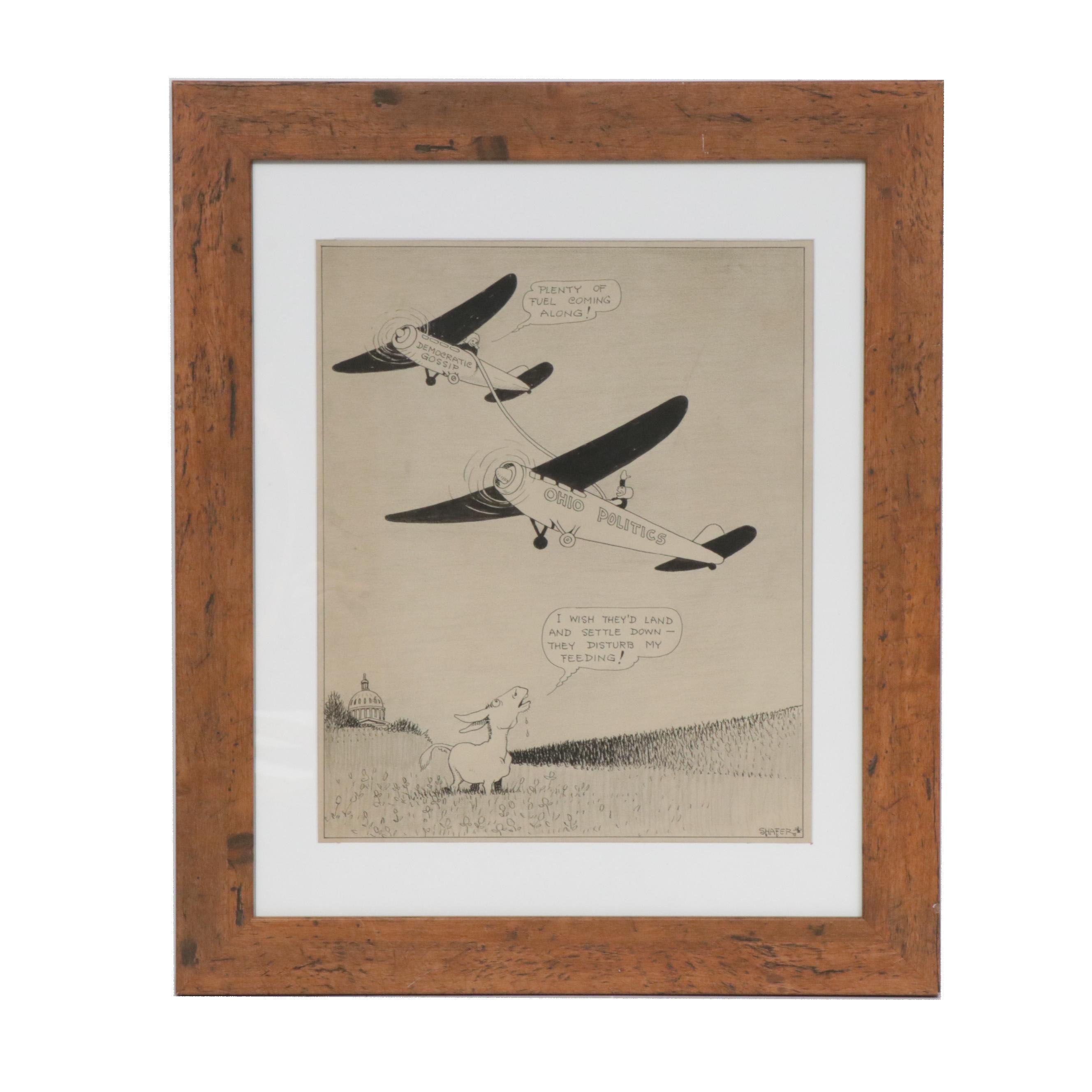 Claude Shafer Political Cartoon Ink Drawing