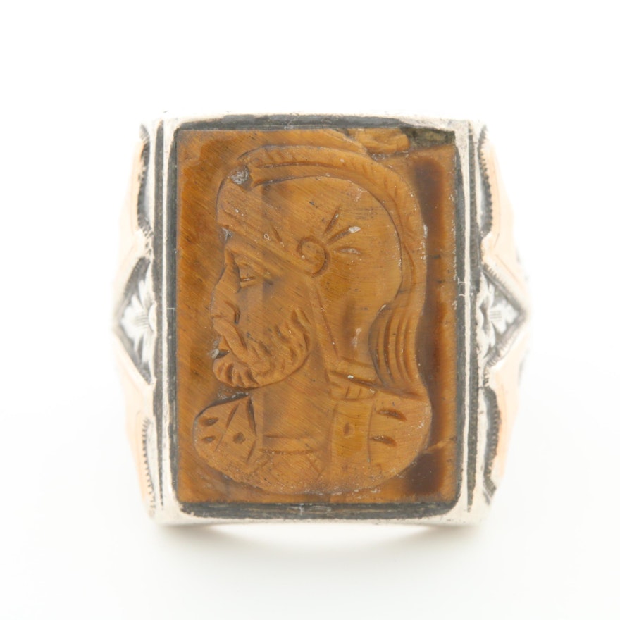 Vintage Sterling Silver Carved Tiger's Eye Cameo Ring with Roman Soldier Motif