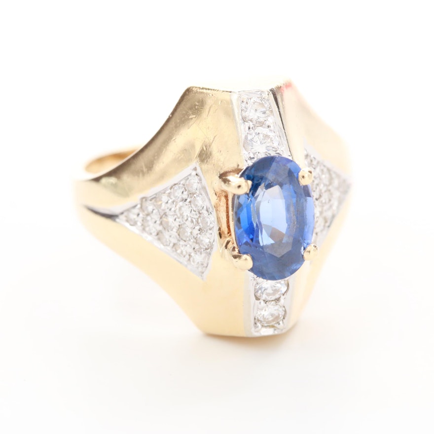 14K Yellow Gold 1.38 CT Blue Sapphire and Diamond Ring