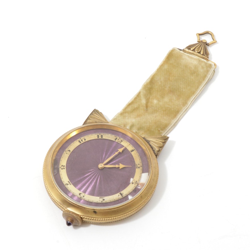 French Guilloche and Chased Brass Women's Watch on Velvet Band