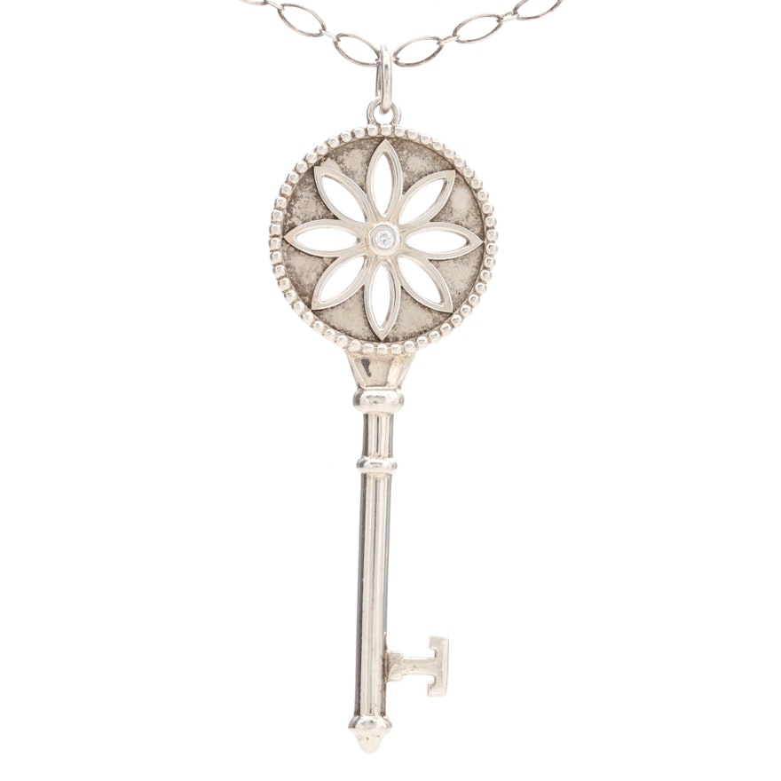 Tiffany & Co. Sterling Silver Diamond Daisy Key and Oval Link Chain Necklace