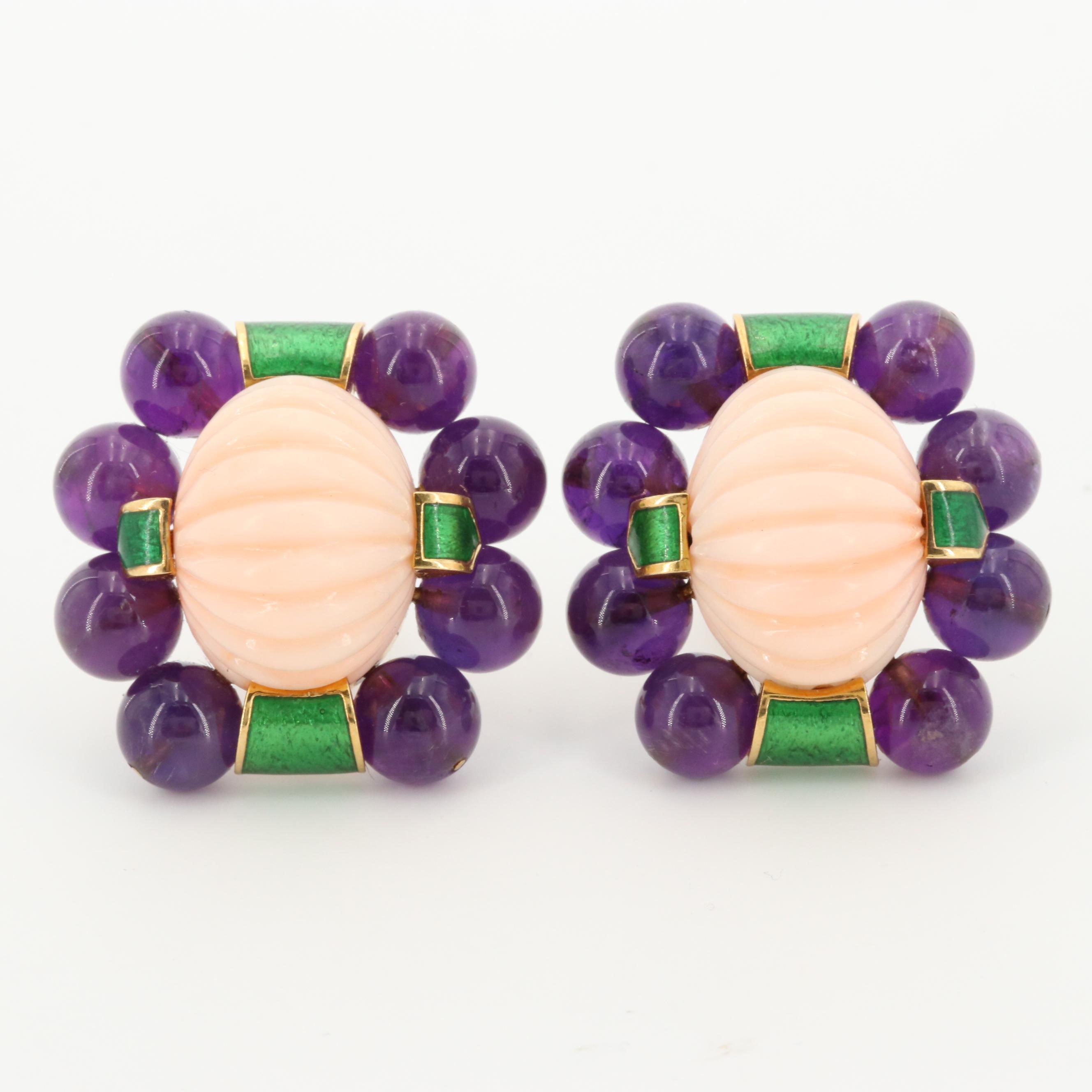 David Webb 18K Yellow Gold Coral, Amethyst and Enamel Earrings
