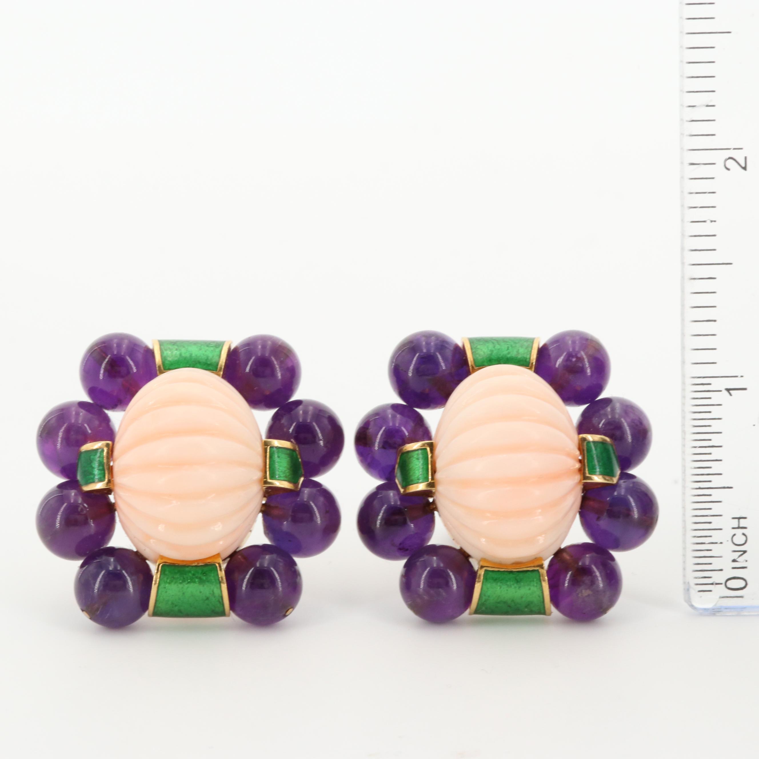 David Webb 18K Yellow Gold Coral, Amethyst and Enamel Earrings