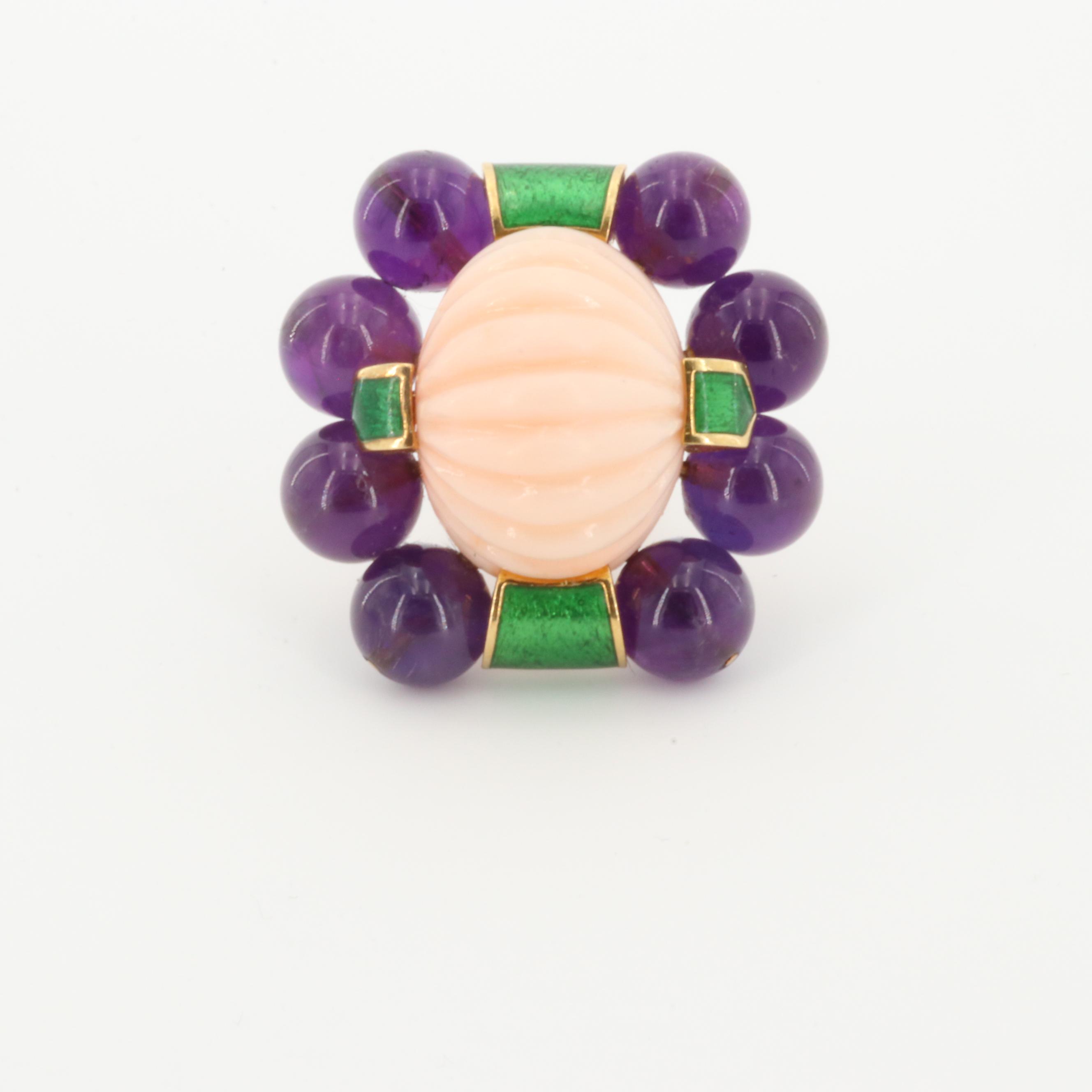 David Webb 18K Yellow Gold Coral, Amethyst and Enamel Earrings