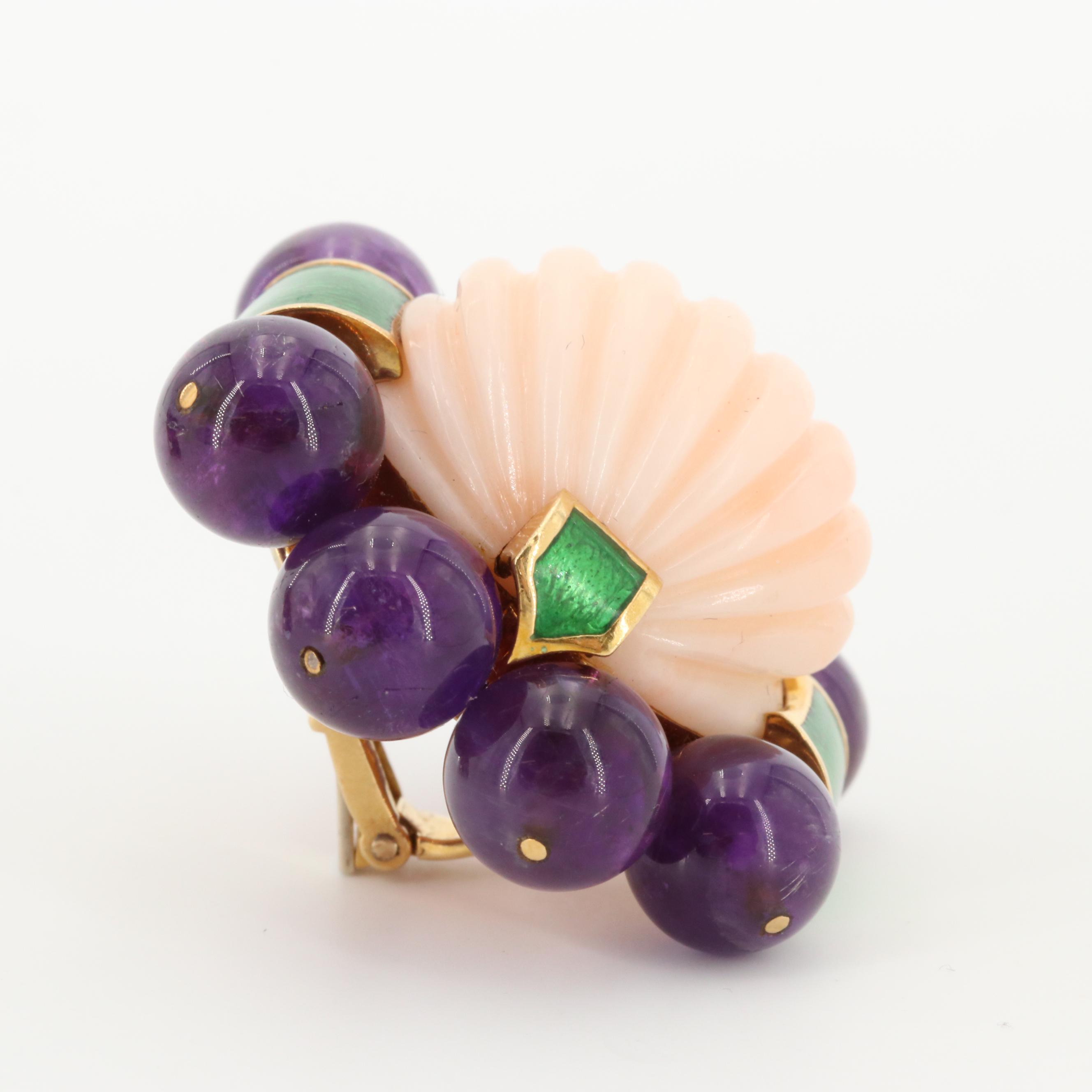 David Webb 18K Yellow Gold Coral, Amethyst and Enamel Earrings