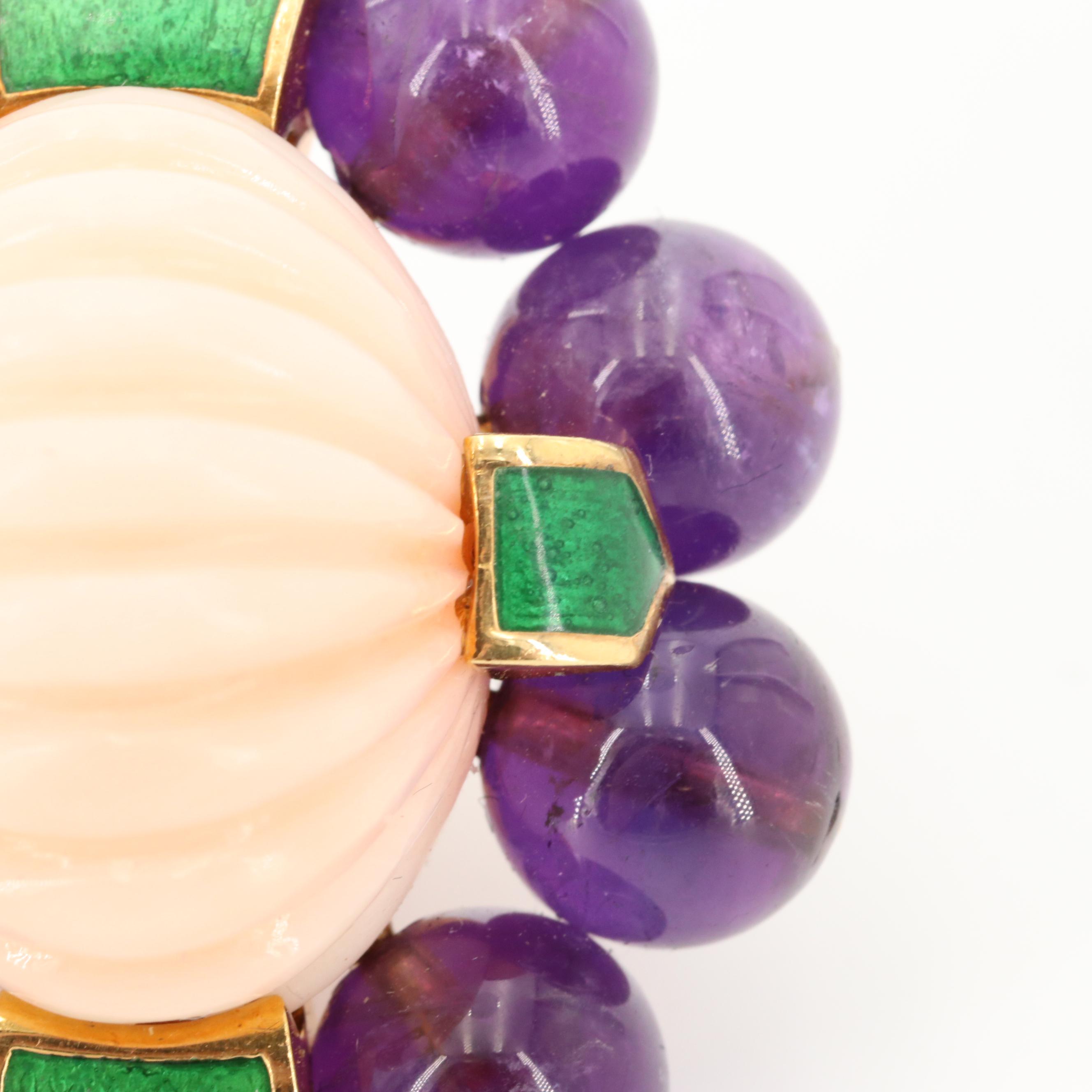 David Webb 18K Yellow Gold Coral, Amethyst and Enamel Earrings