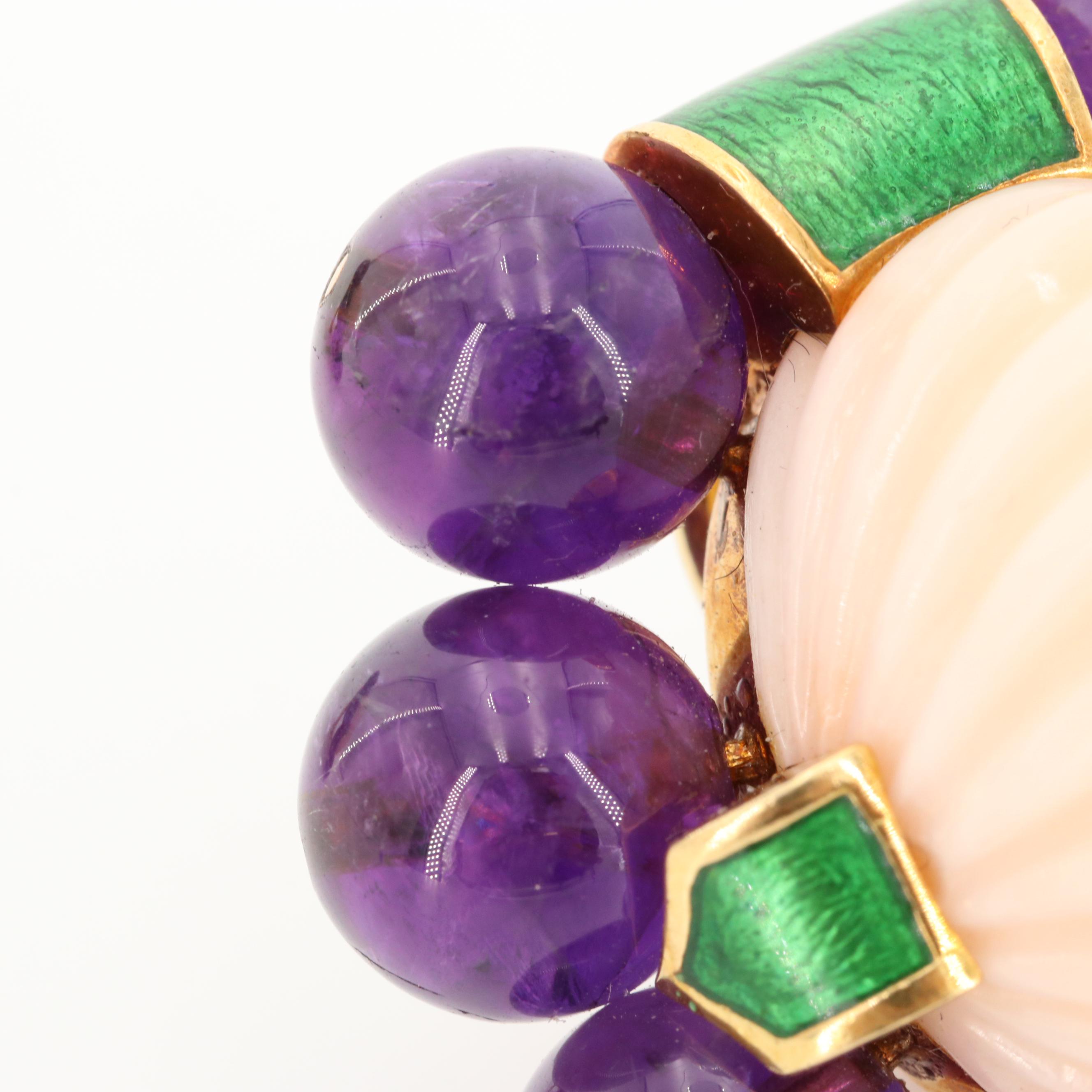 David Webb 18K Yellow Gold Coral, Amethyst and Enamel Earrings