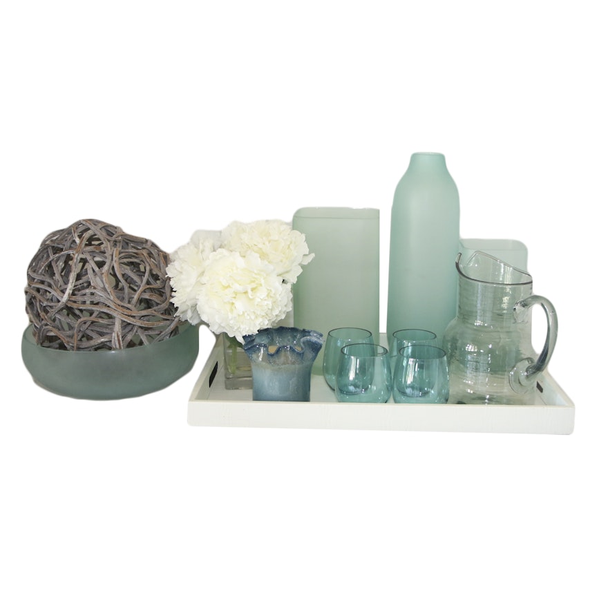 Ruffled Vase, Glass Pitcher, Artificial Floral Arrangement and Other Home Decor