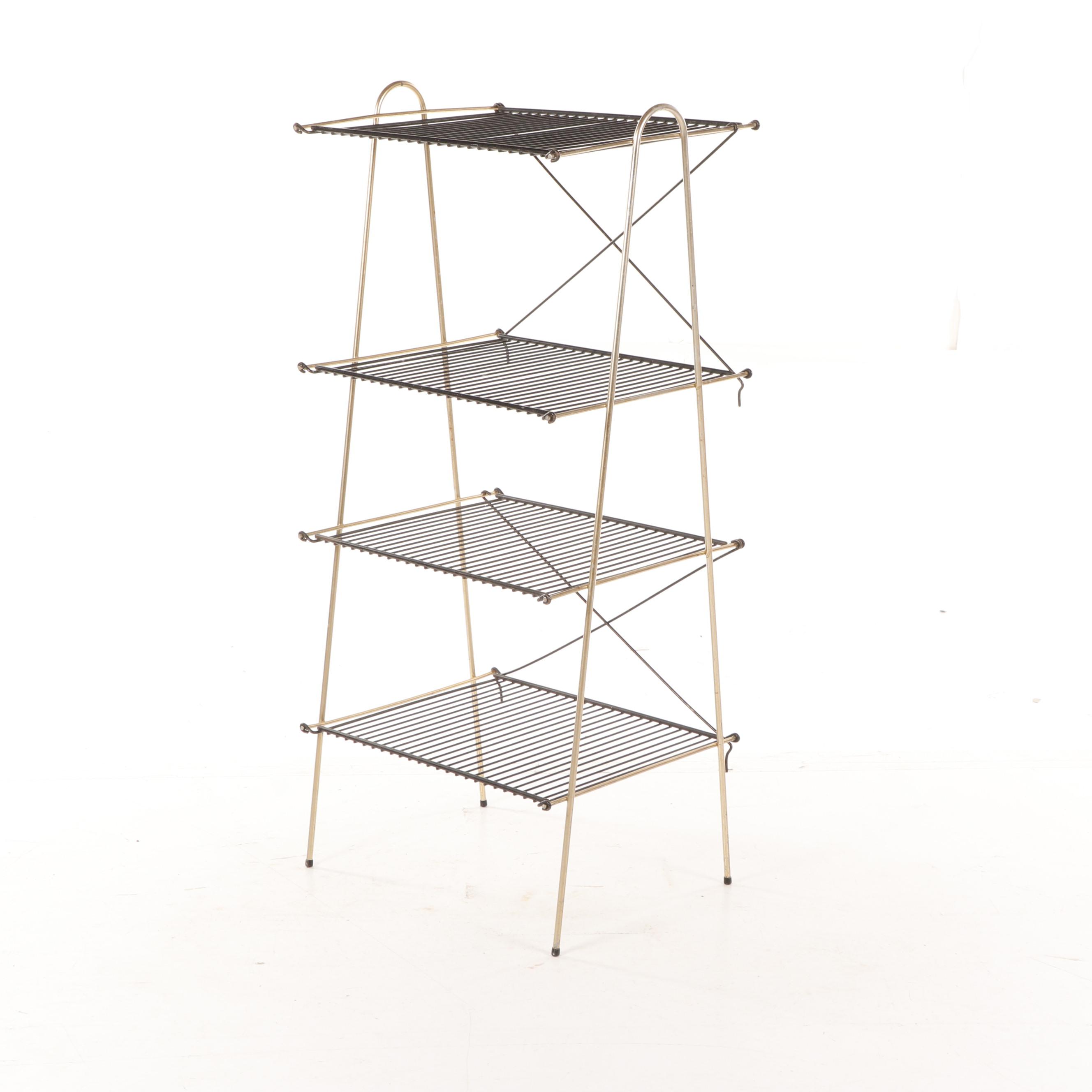 Mid Century Modern Four Tier Collapsable Black and Gold Tone Wire Rack