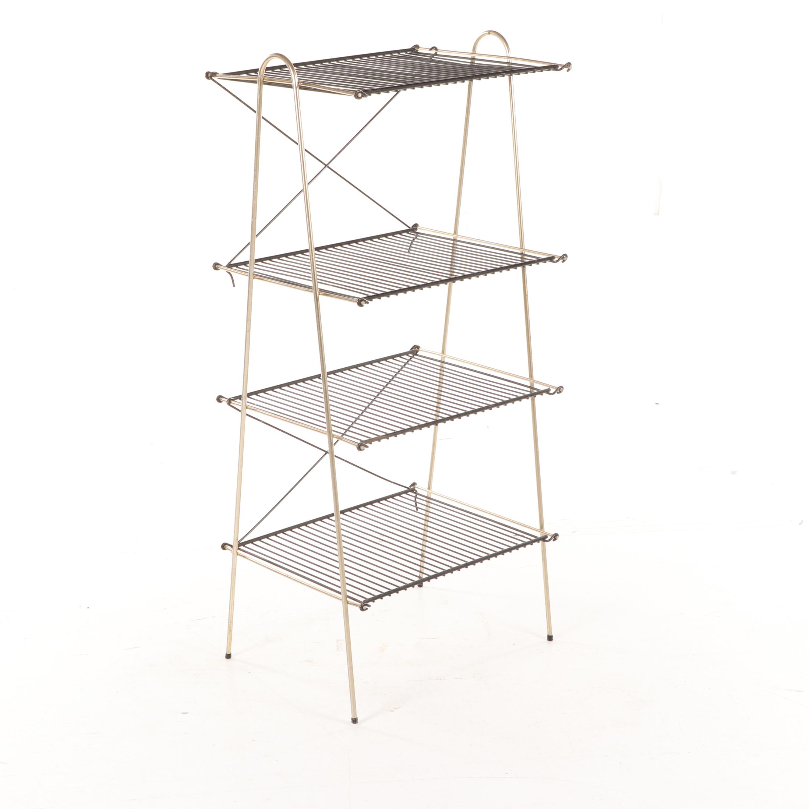 Mid Century Modern Four Tier Collapsable Black and Gold Tone Wire Rack