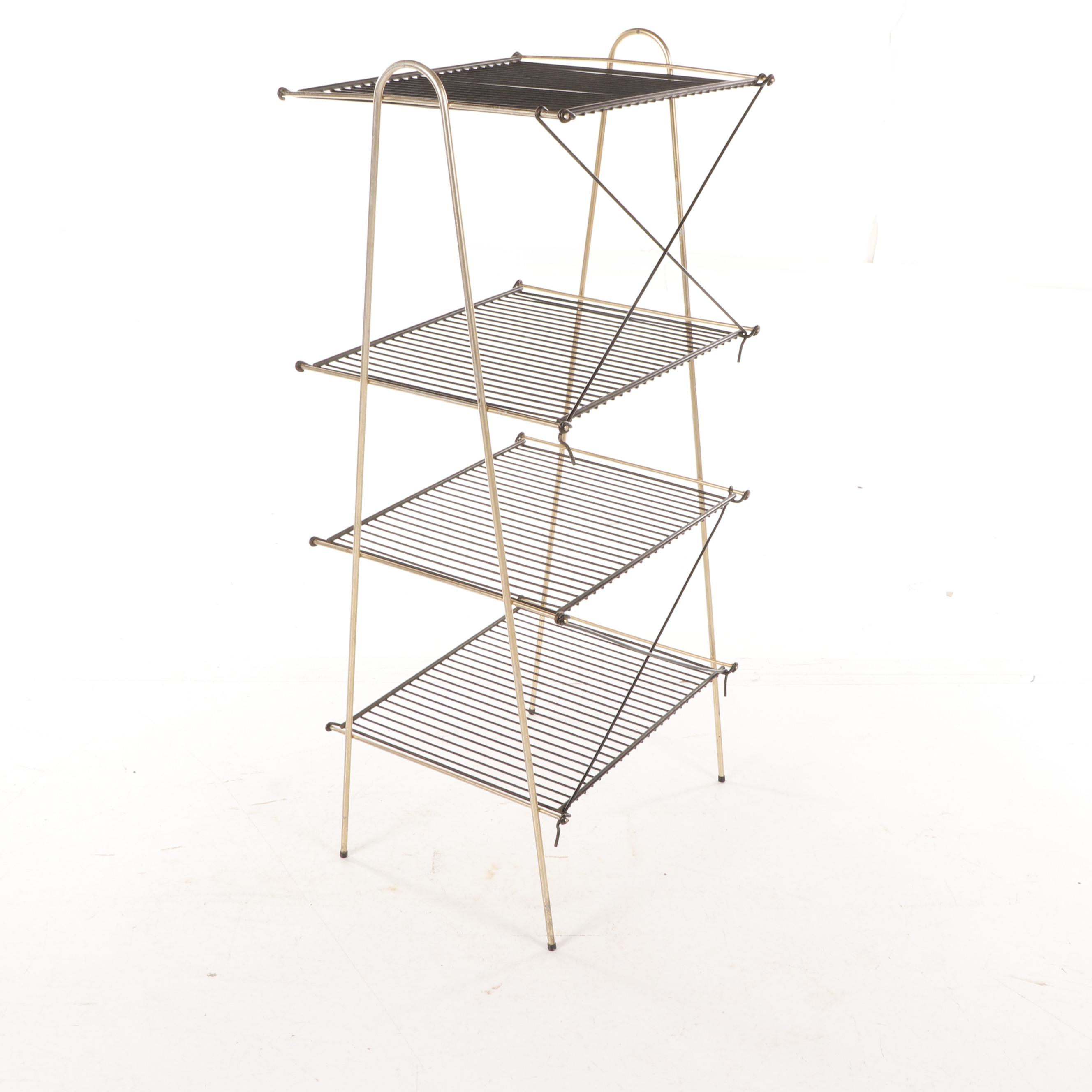 Mid Century Modern Four Tier Collapsable Black and Gold Tone Wire Rack