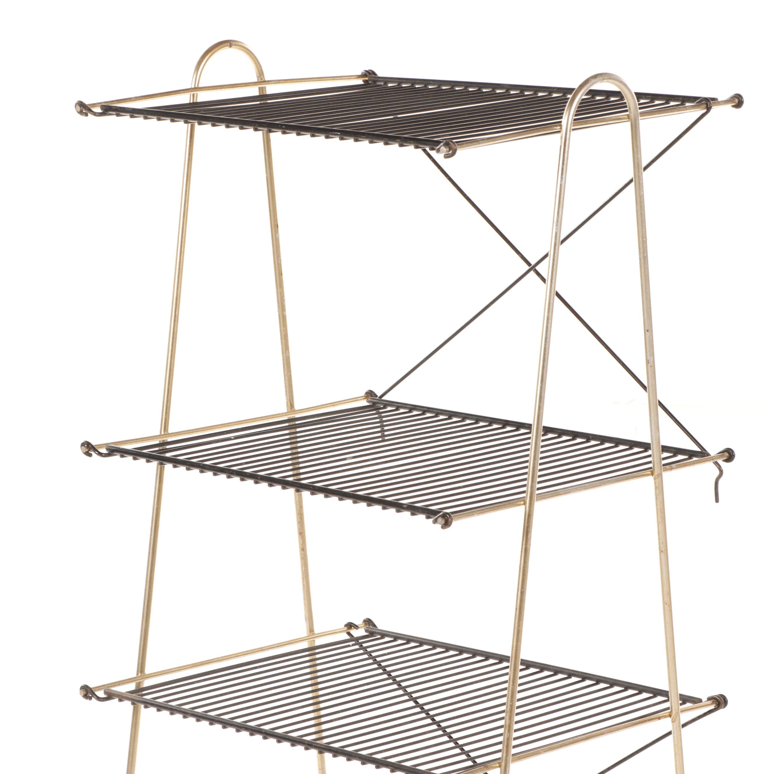 Mid Century Modern Four Tier Collapsable Black and Gold Tone Wire Rack