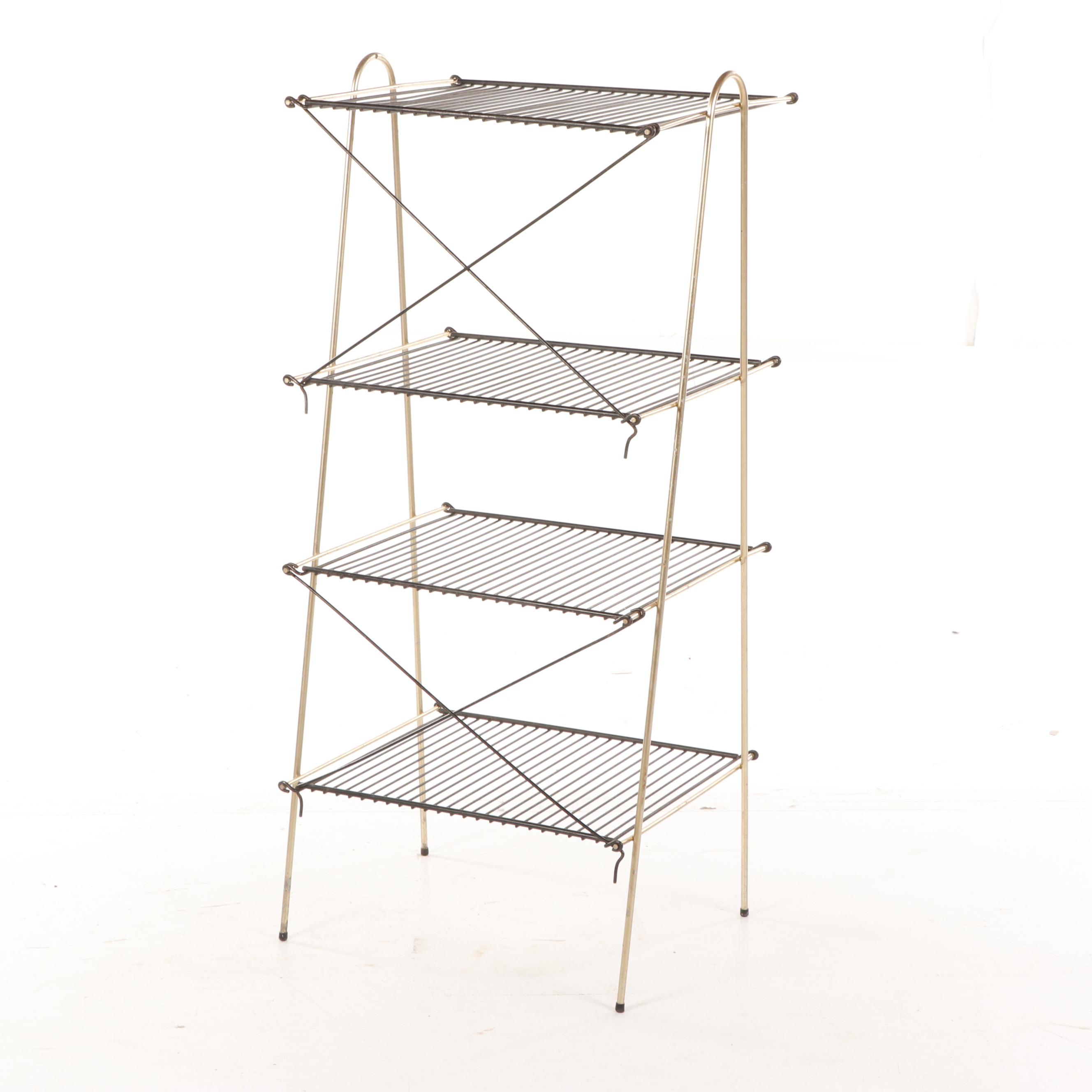 Mid Century Modern Four Tier Collapsable Black and Gold Tone Wire Rack