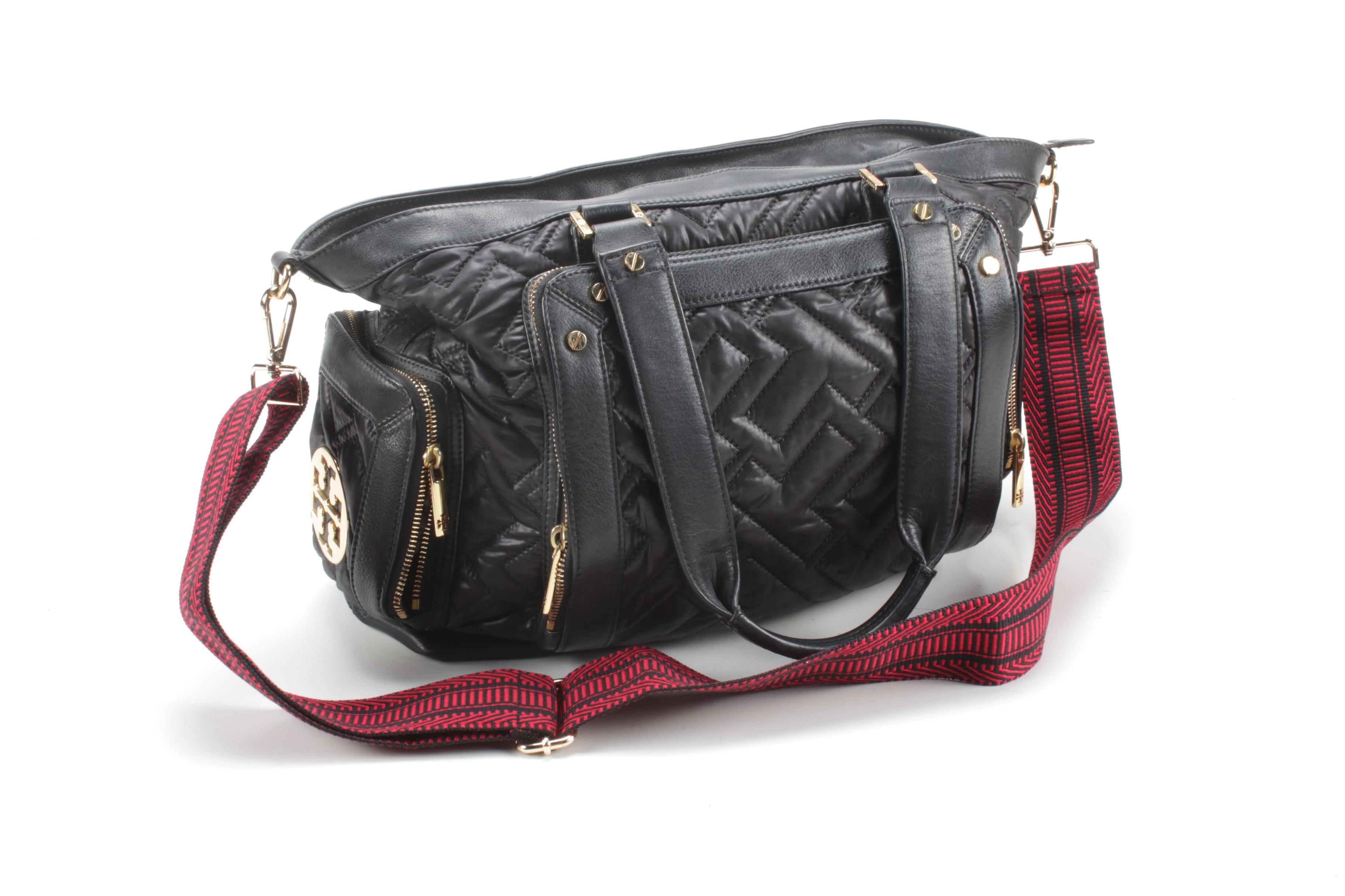 Tory Burch Black Leather and Quilted Nylon Crossbody Satchel with Shoulder Strap