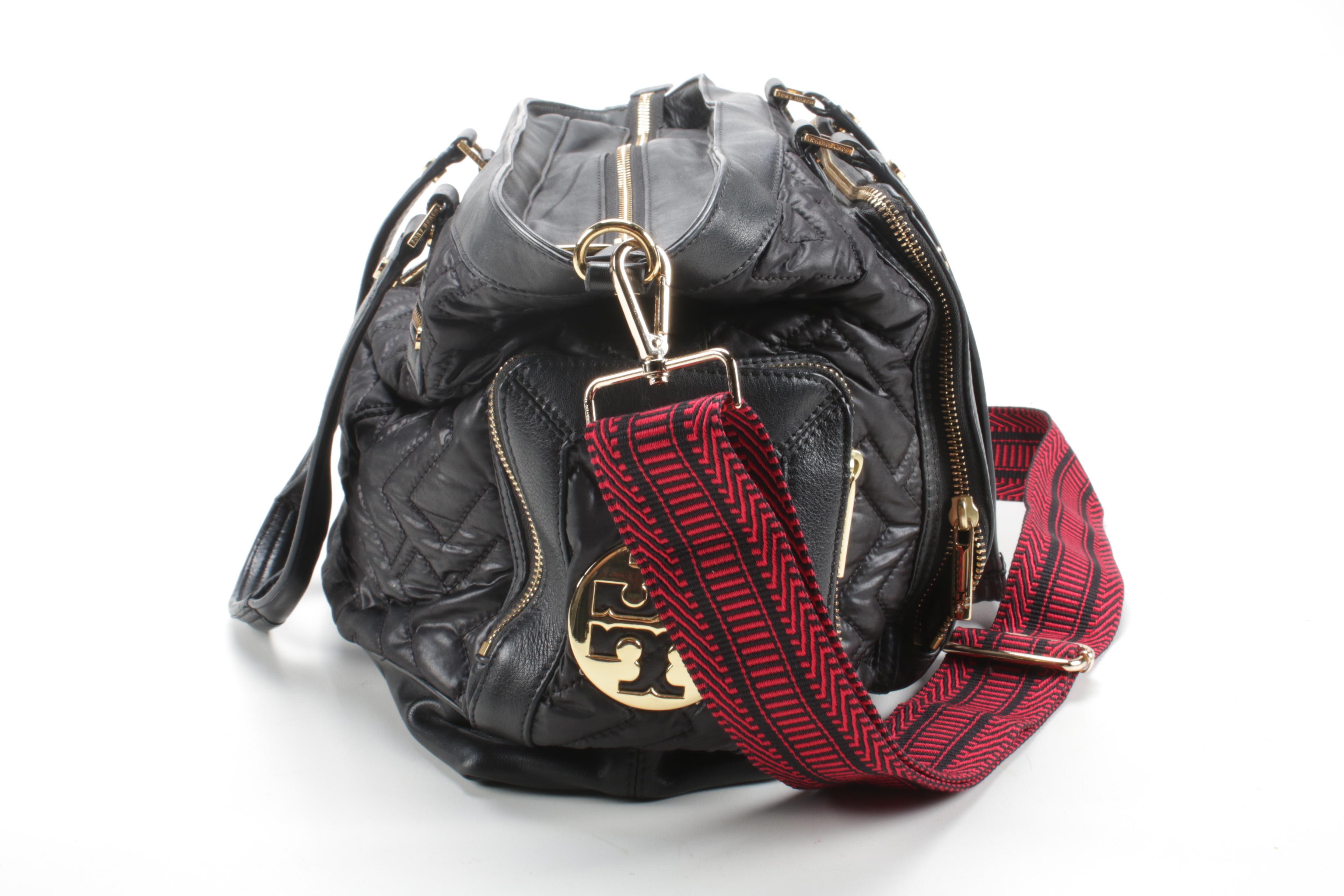 Tory Burch Black Leather and Quilted Nylon Crossbody Satchel with Shoulder Strap