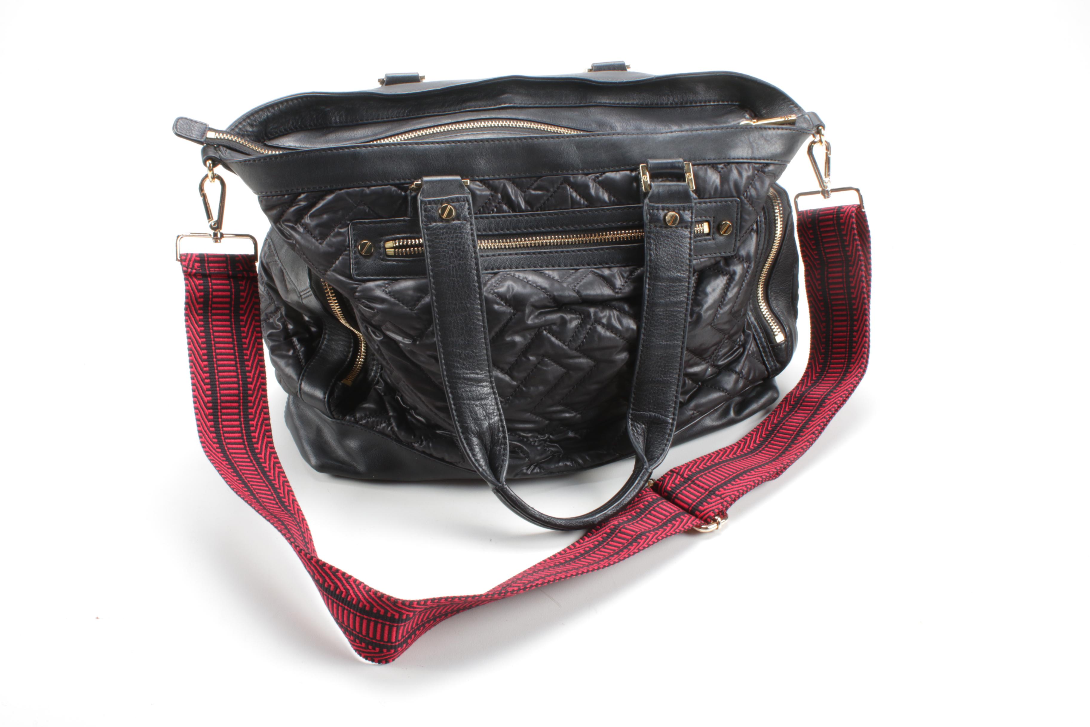 Tory Burch Black Leather and Quilted Nylon Crossbody Satchel with Shoulder Strap