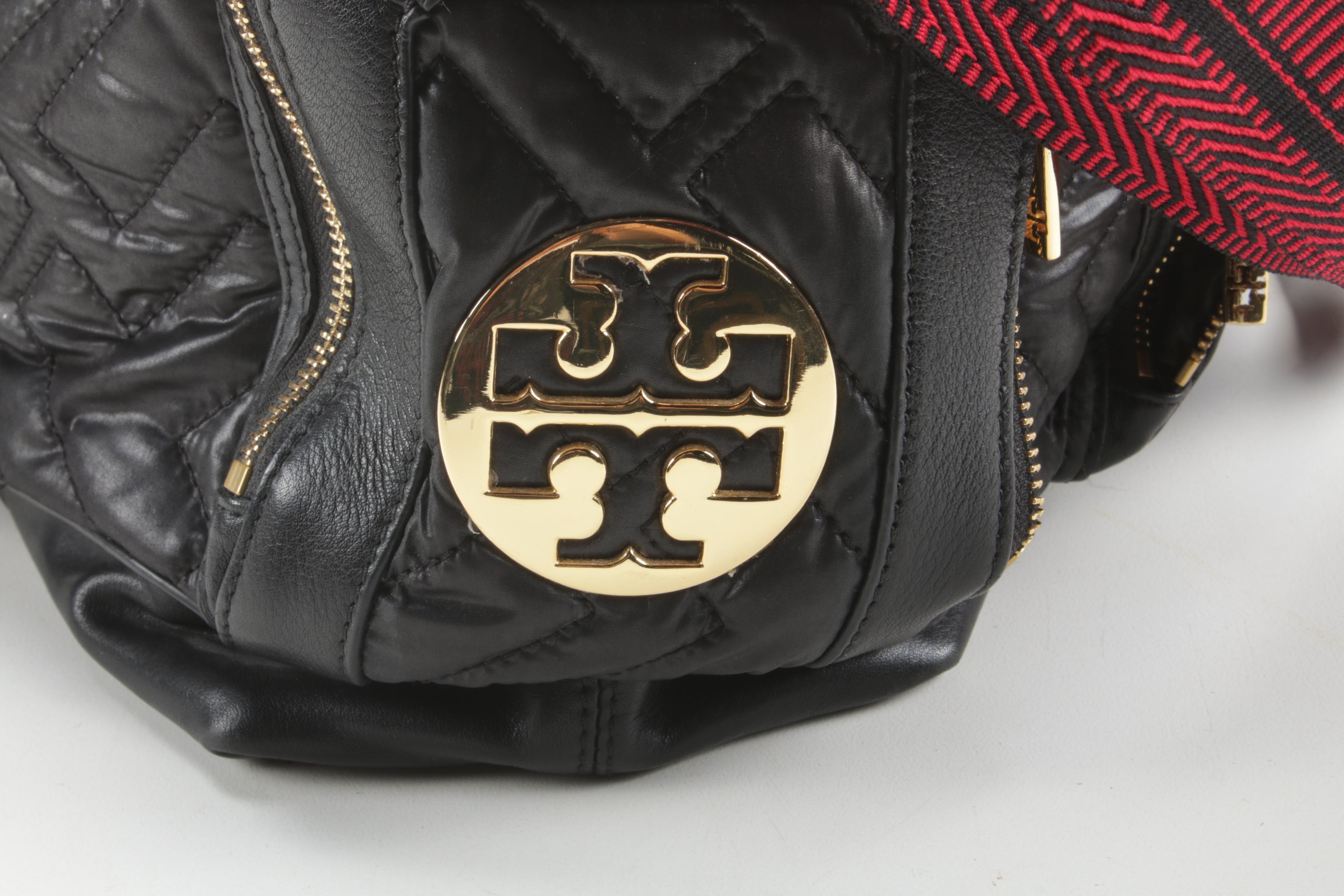 Tory Burch Black Leather and Quilted Nylon Crossbody Satchel with Shoulder Strap