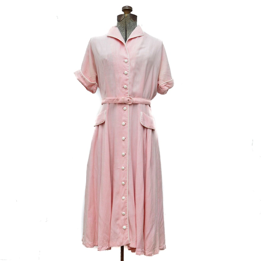 Eve Carver Original Pink Shirtwaist Dress with Belt, 1950s Vintage
