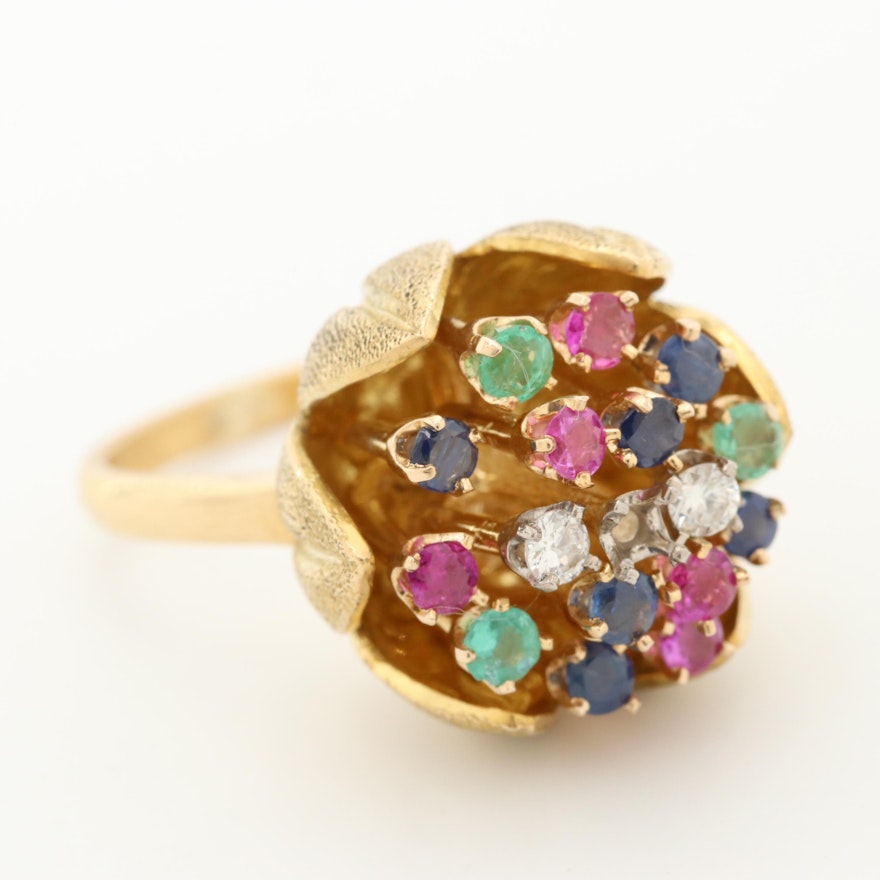 1960s 18K Yellow Gold Diamond, Ruby, Emerald and Sapphire Floral Ring