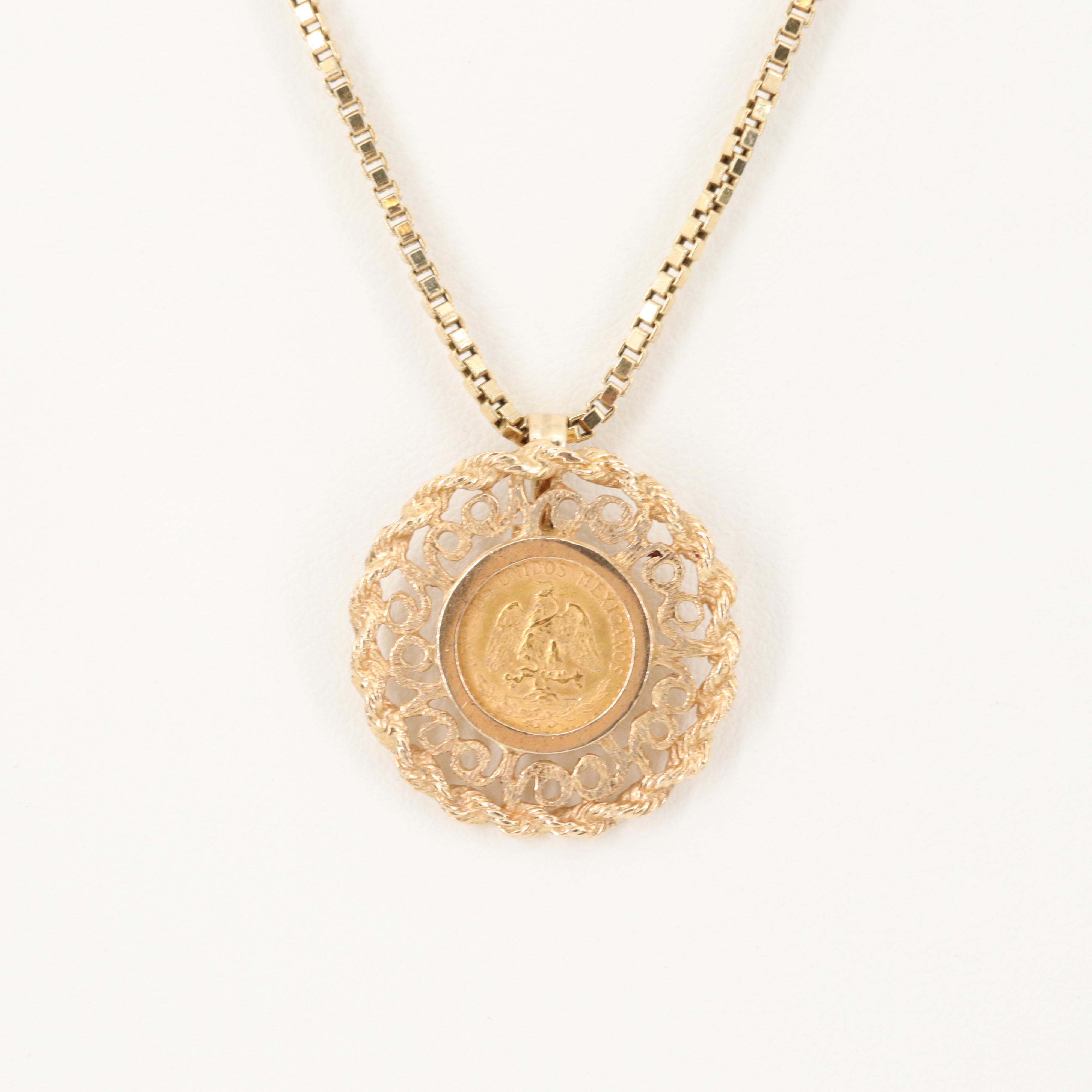 1945 Dos Pesos Mexican Gold Coin on a 14K Yellow Gold Open Work Pendant Necklace
