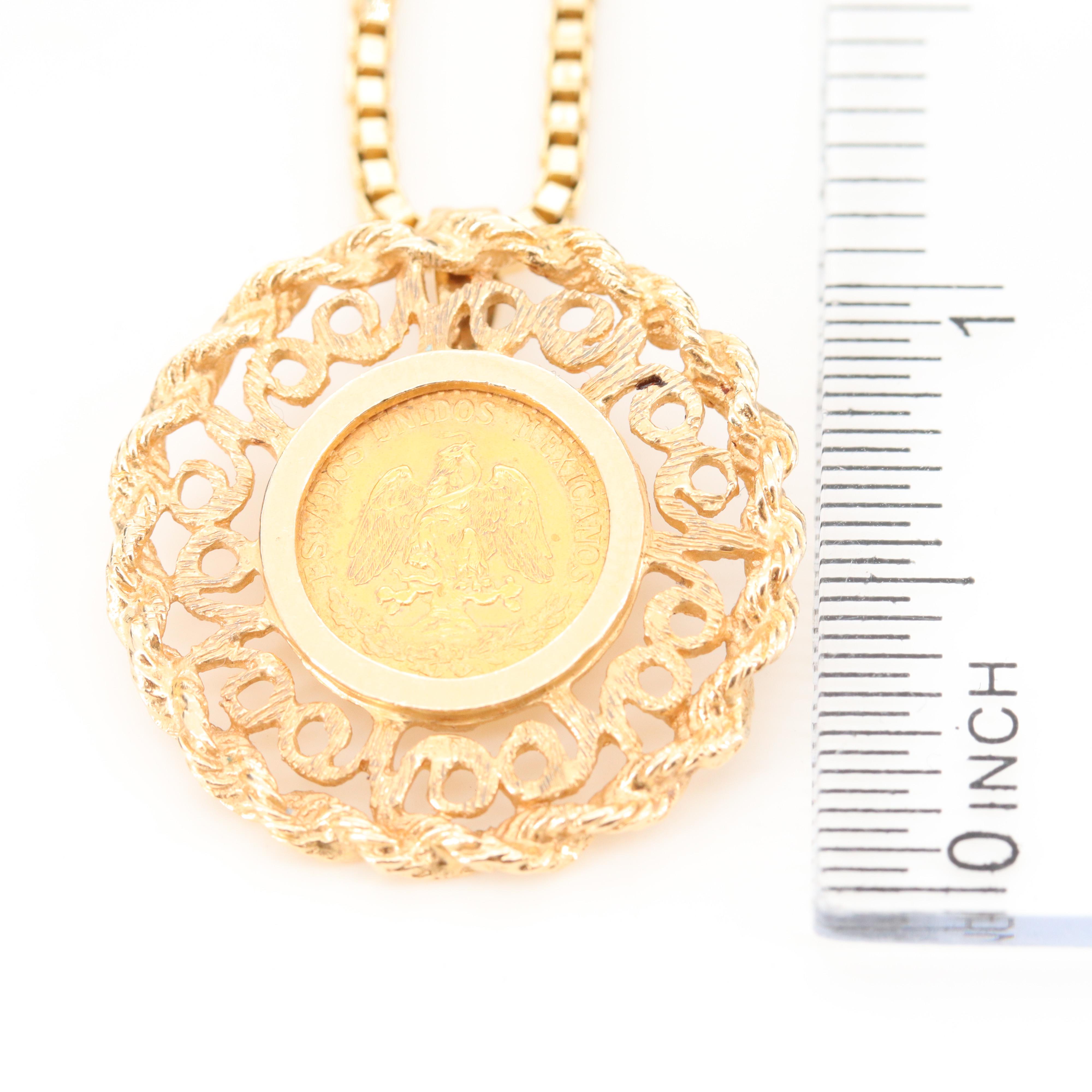 1945 Dos Pesos Mexican Gold Coin on a 14K Yellow Gold Open Work Pendant Necklace