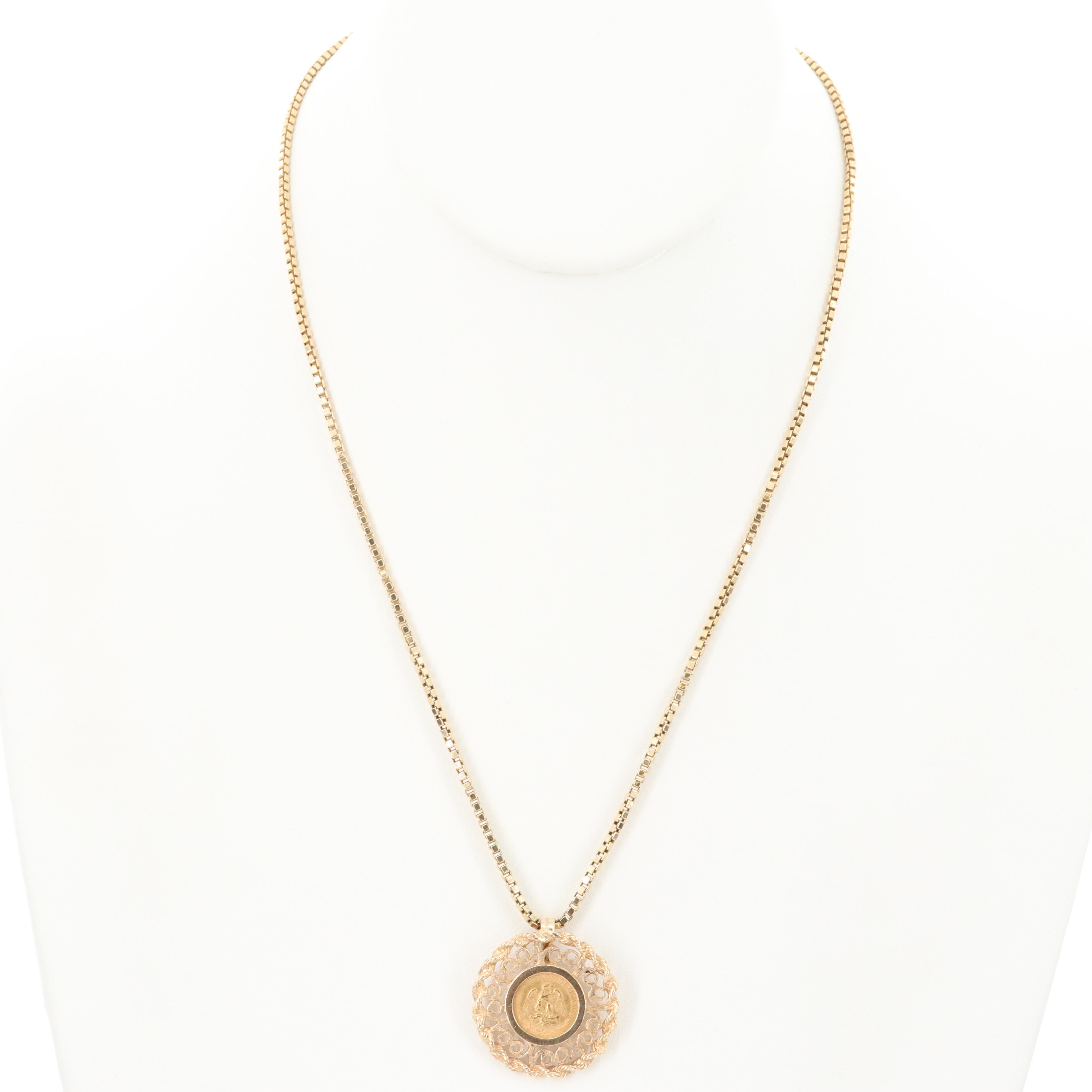 1945 Dos Pesos Mexican Gold Coin on a 14K Yellow Gold Open Work Pendant Necklace