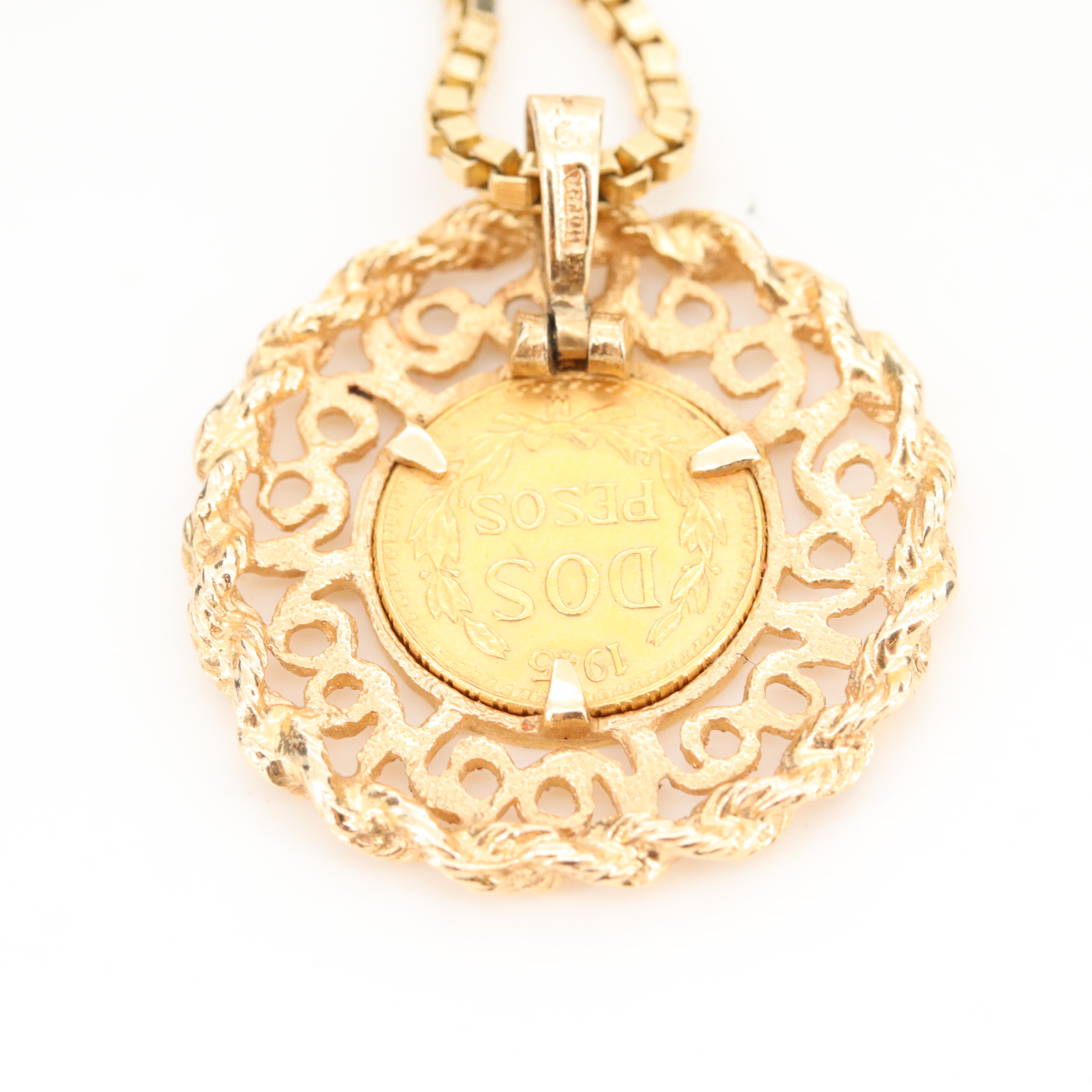 1945 Dos Pesos Mexican Gold Coin on a 14K Yellow Gold Open Work Pendant Necklace