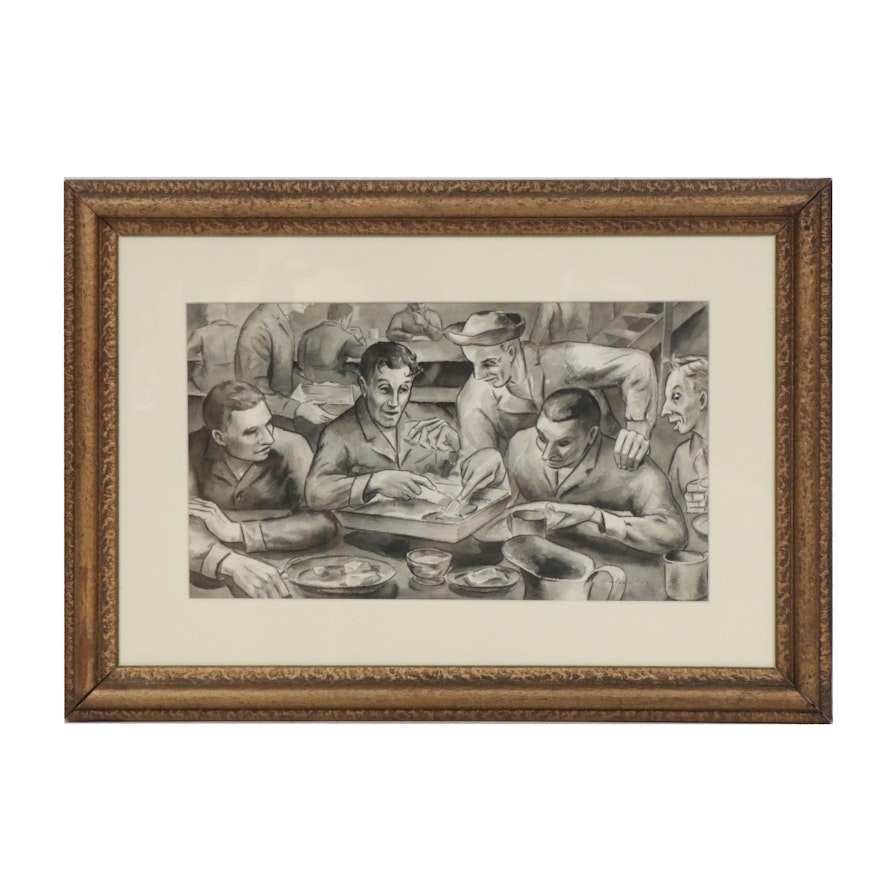 Nelson WWII Naval Meal Scene Watercolor Painting