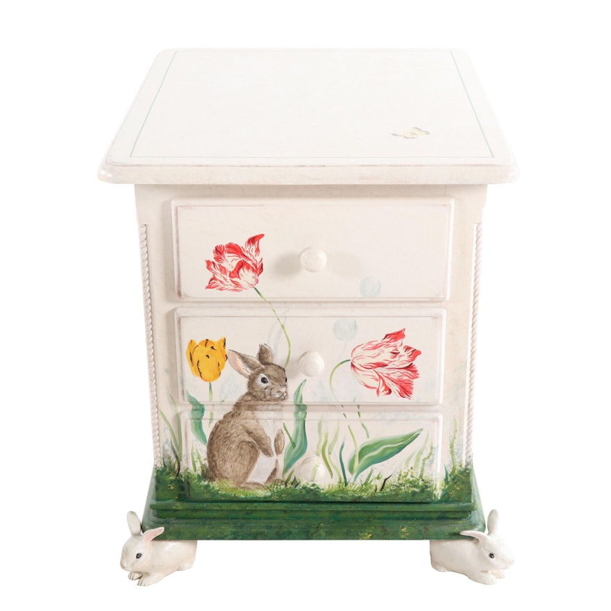 Hand Painted Bunny Rabbit Themed Night Stand, Late 20th Century