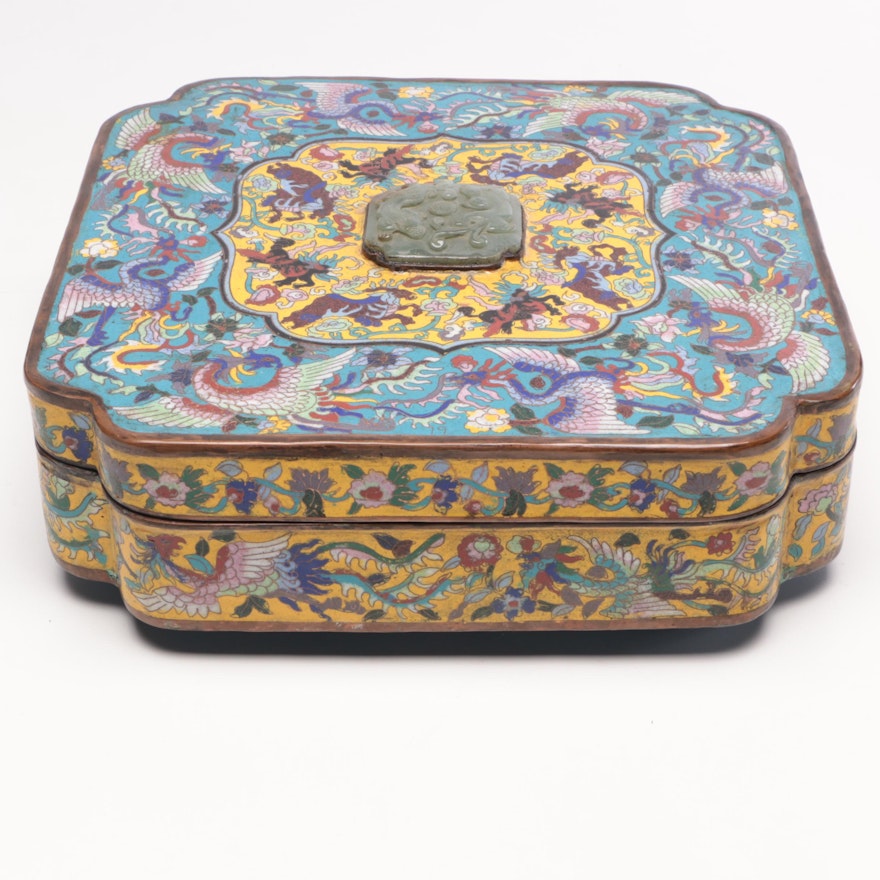 Chinese Cloisonné Box with Carved Stone Finial, Republic Period