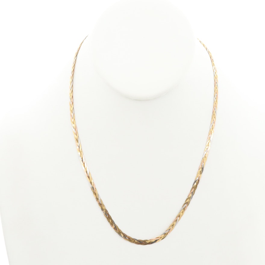 14K Yellow, White and Rose Gold Braided Herringbone Chain Necklace