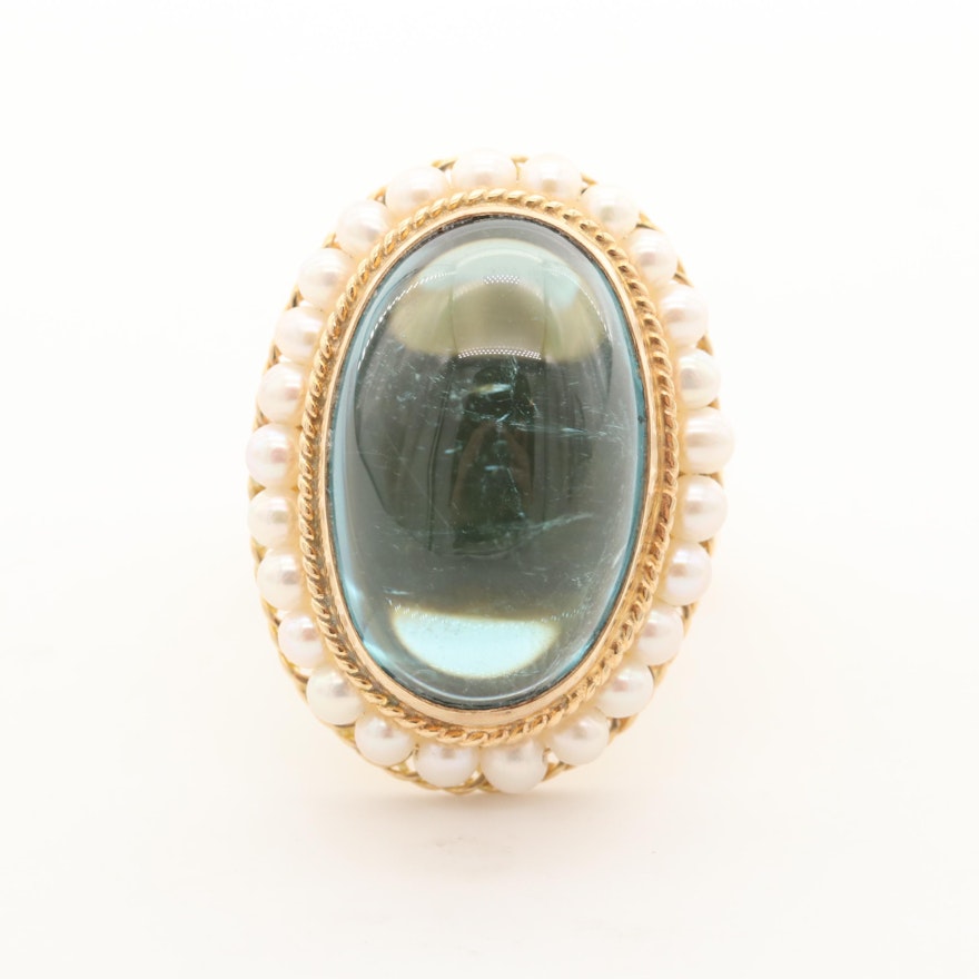 14K Yellow Gold 20.08 CT Blue Tourmaline and Cultured Pearl Ring