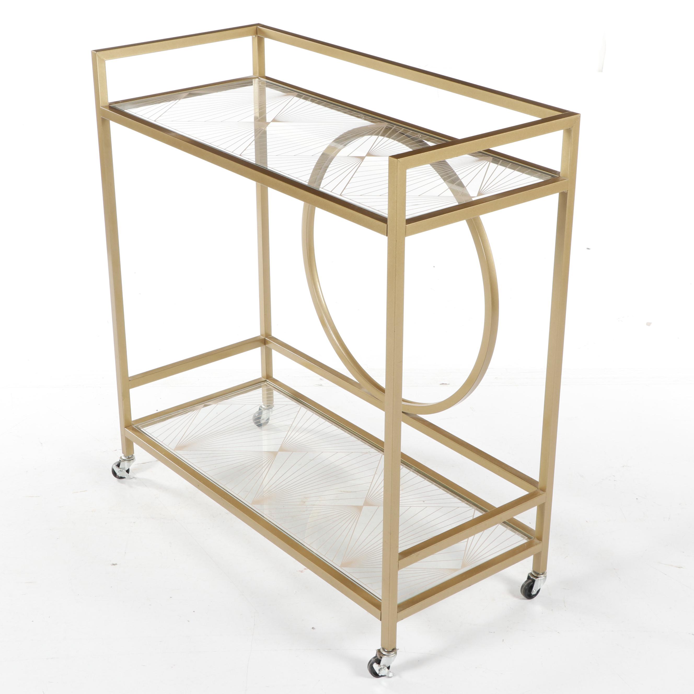 Modern Art Deco Style Gold Tone Metal Bar Cart