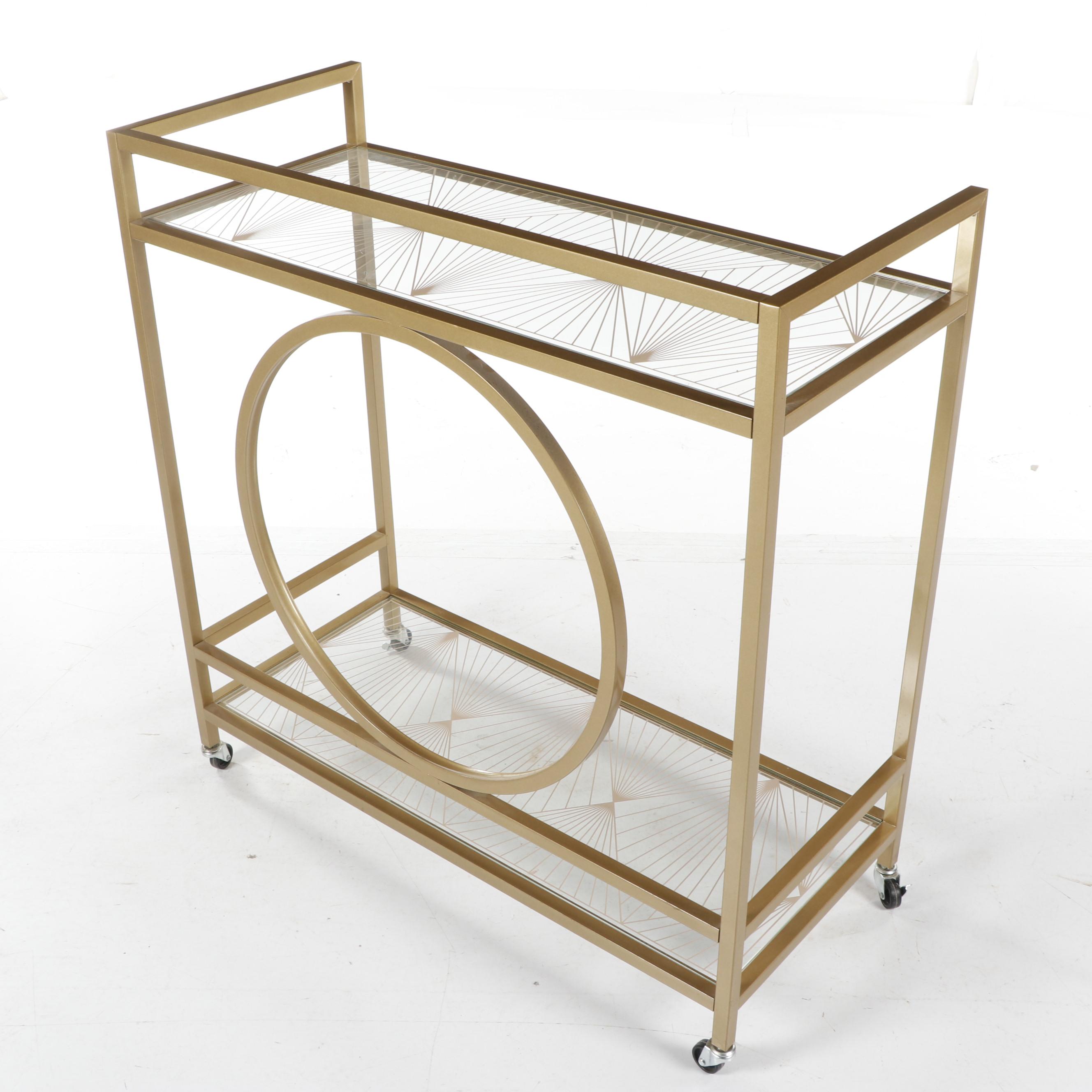 Modern Art Deco Style Gold Tone Metal Bar Cart