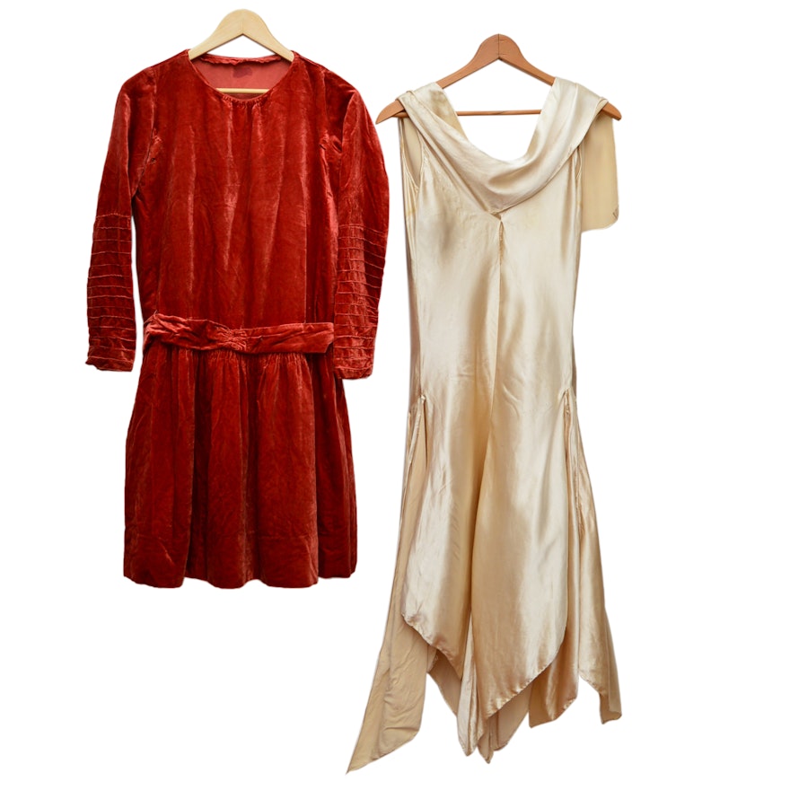 Silk Velvet Dress and Silk Charmeuse Dress, 1920s Vintage