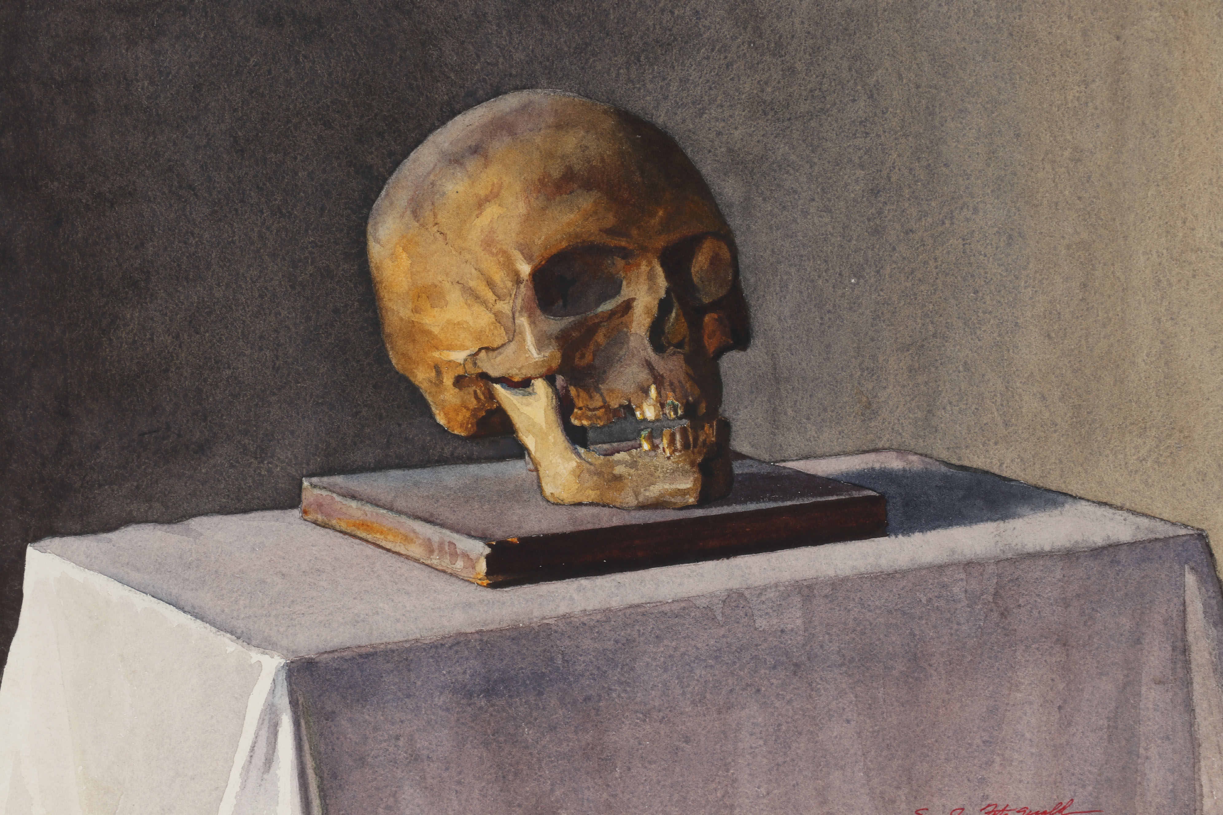 Edmond Fitzgerald Watercolor Painting of Vanitas Still Life with Skull