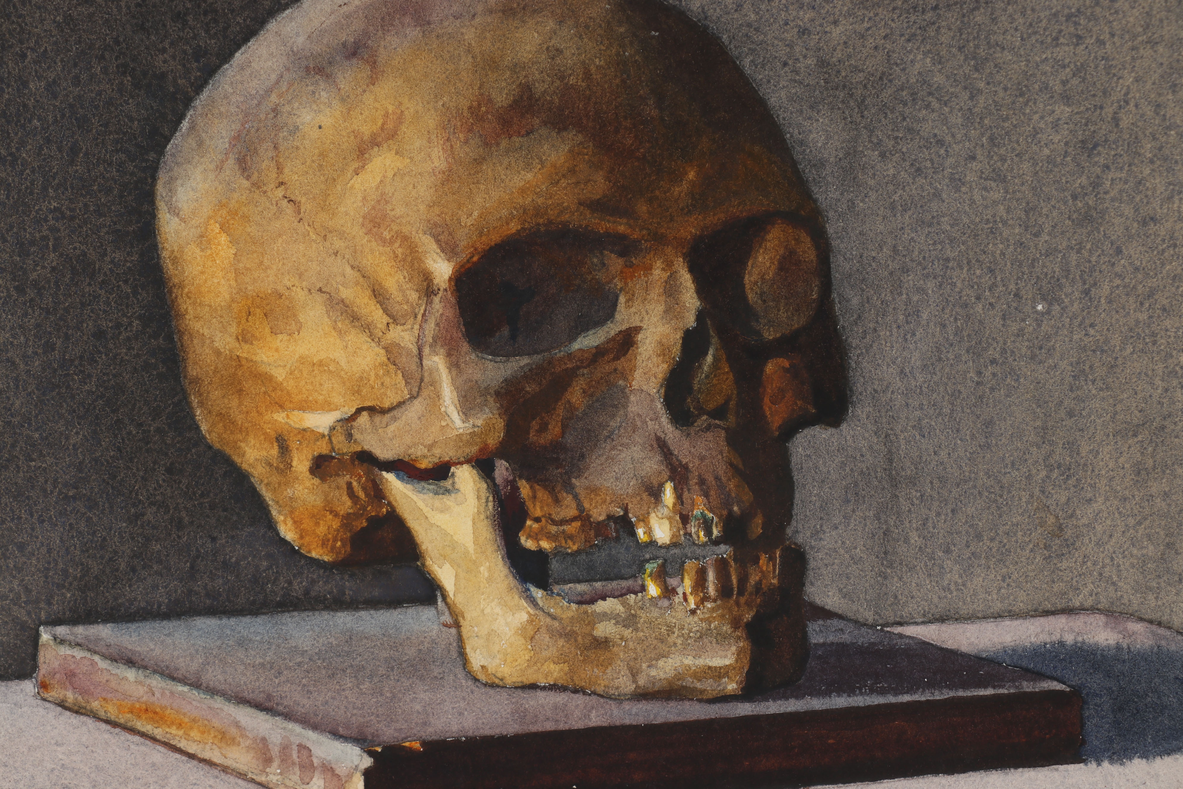 Edmond Fitzgerald Watercolor Painting of Vanitas Still Life with Skull