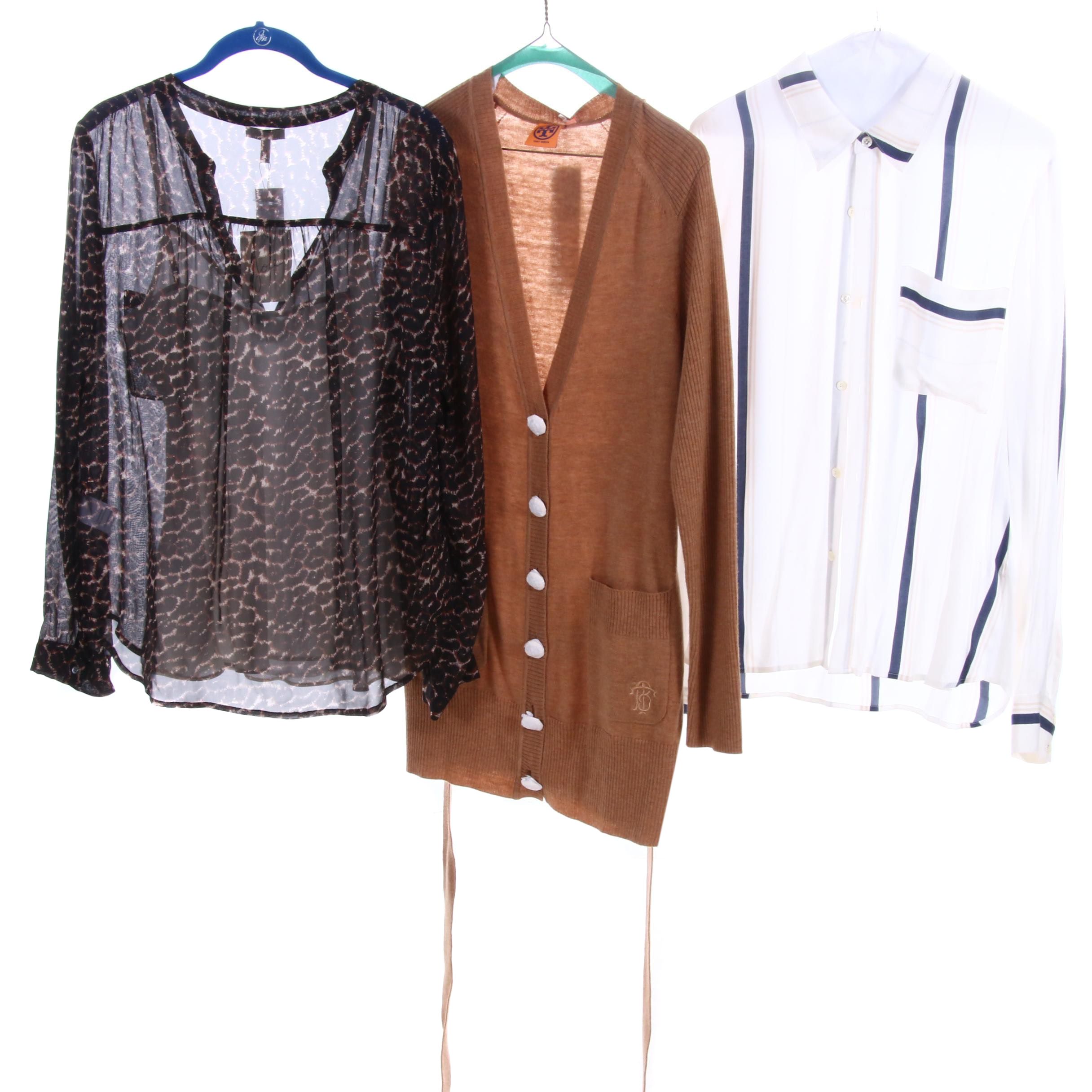 Tory Burch Portia Cardigan, Joie Silk Blouse and Frame Button-Down Shirt