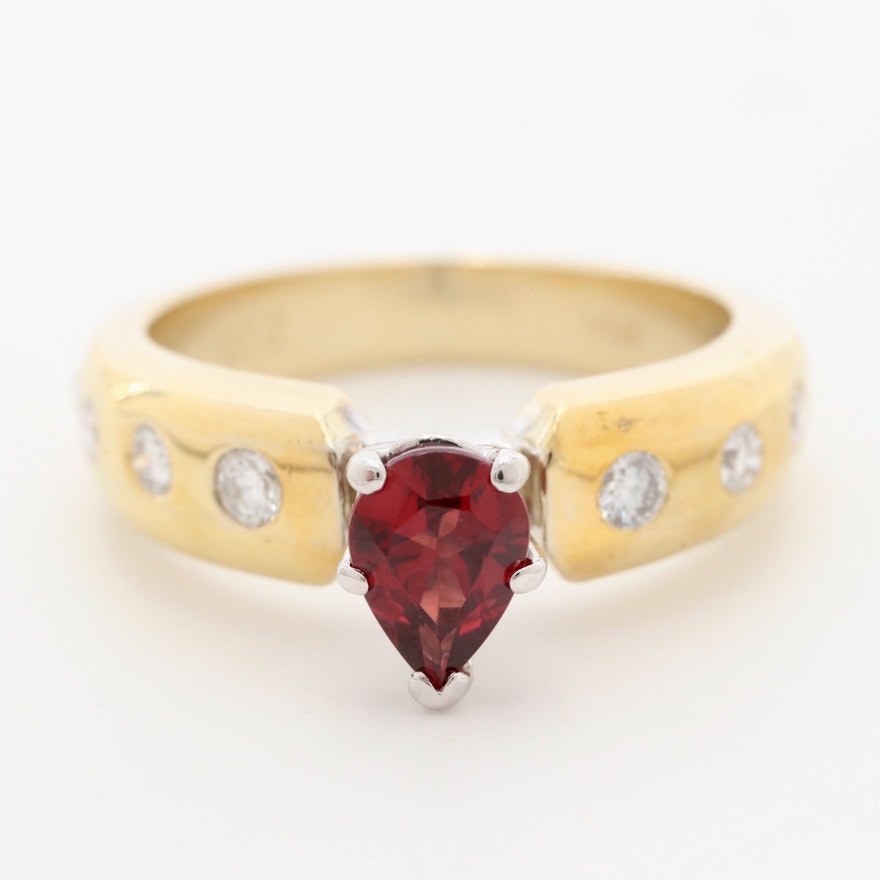 14K Yellow Gold Rhodolite Garnet and Diamond Ring with White Gold Accent